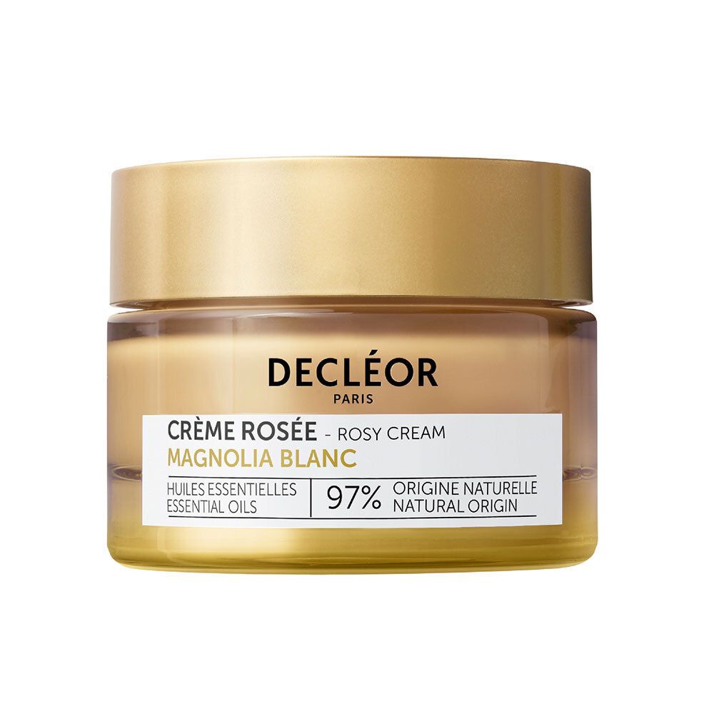 Pot Crème Rosée Magnolia Blanc. Couvercle doré. Inscription : Decléor Paris, Crème Rosée, Magnolia Blanc, 97% Origine Naturelle.