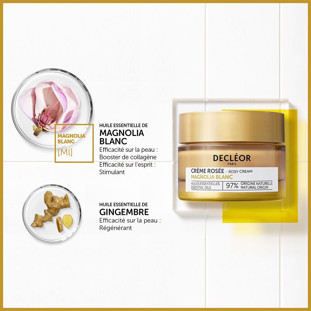 Produit et ingrédients. Pot Crème Rosée Magnolia Blanc. Ingrédients : Magnolia Blanc, Gingembre. Sur fond jaune.