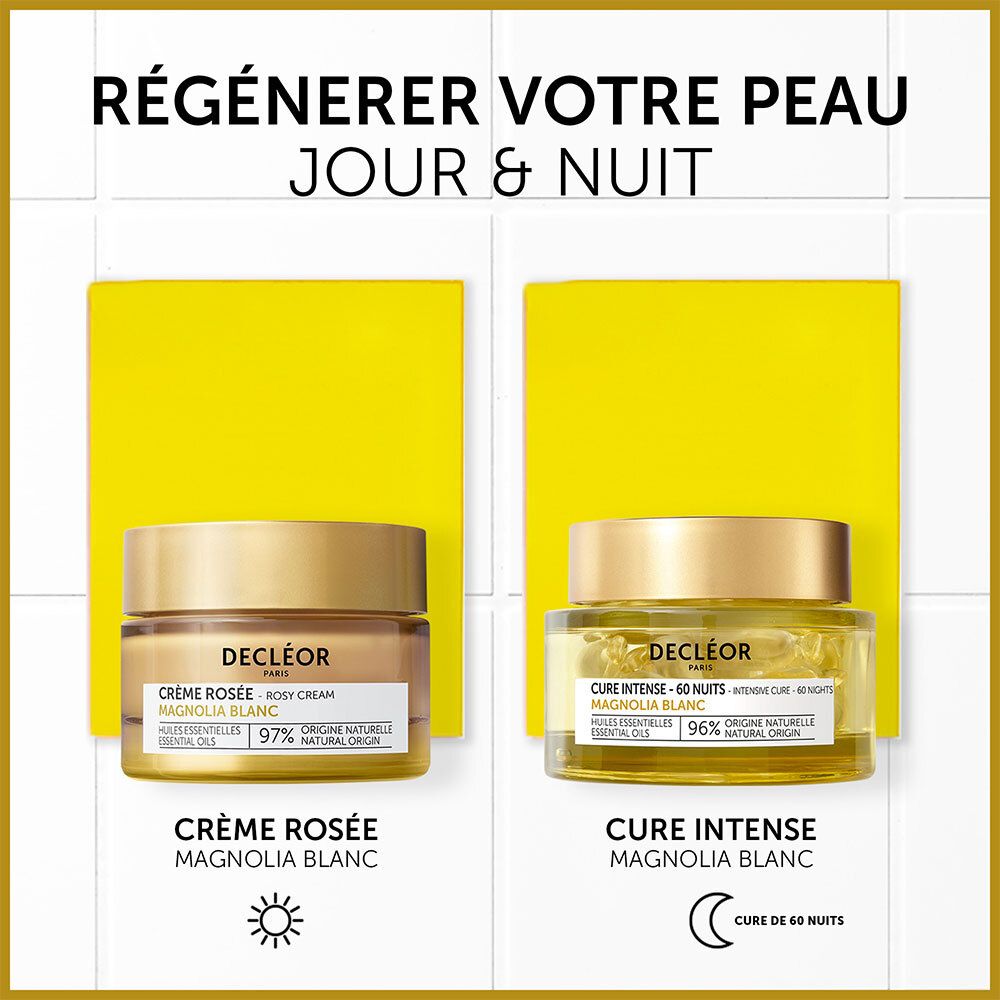 Crème Rosée et Cure Intense. Sur fond jaune. Texte : Régénérer votre peau jour & nuit.