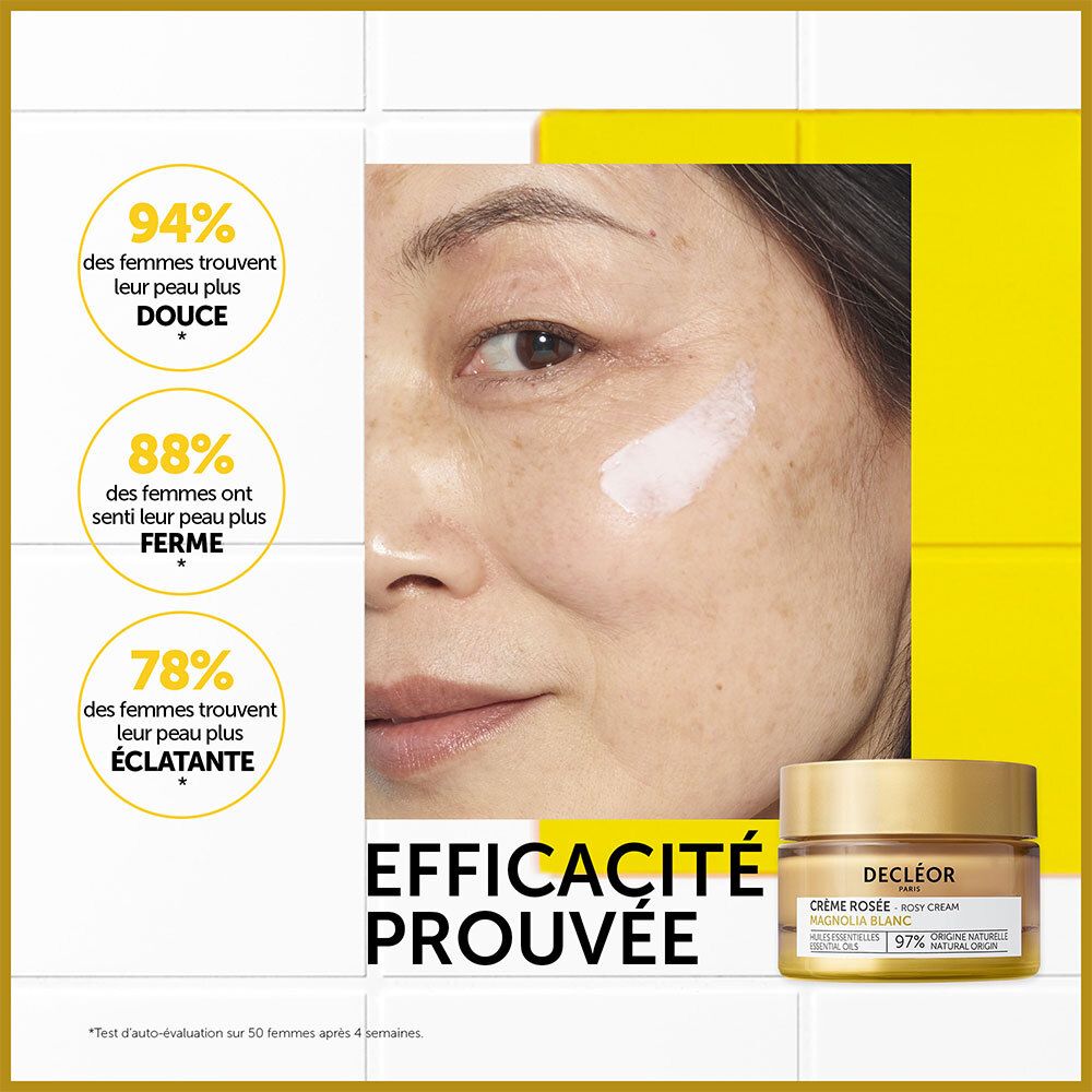 Visage d'une femme avec crème. Inscription : Decléor Crème Rosée. Texte : Efficacité prouvée. 94% trouvent la peau plus douce.