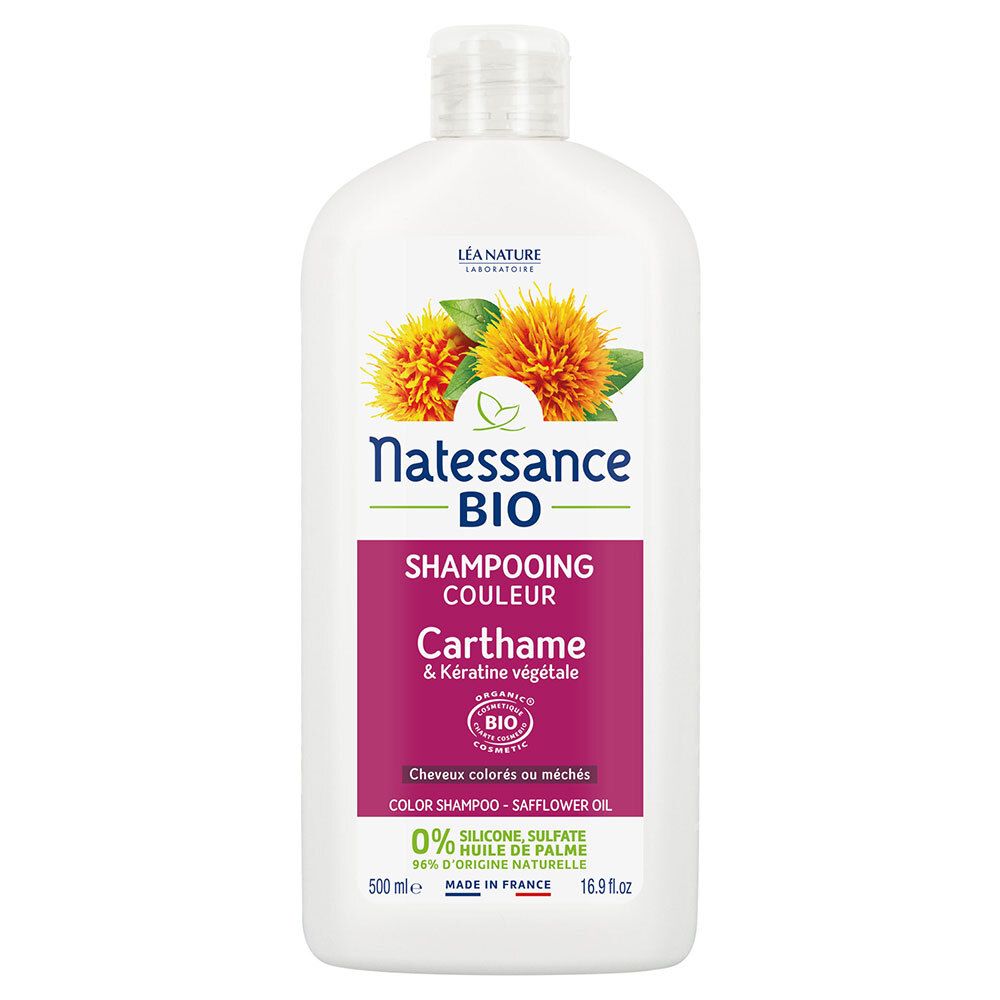 Flacon de shampooing avec étiquette. Inscription : Natessance Bio, Shampooing Couleur, Carthame & Kératine végétale. Certification Bio.