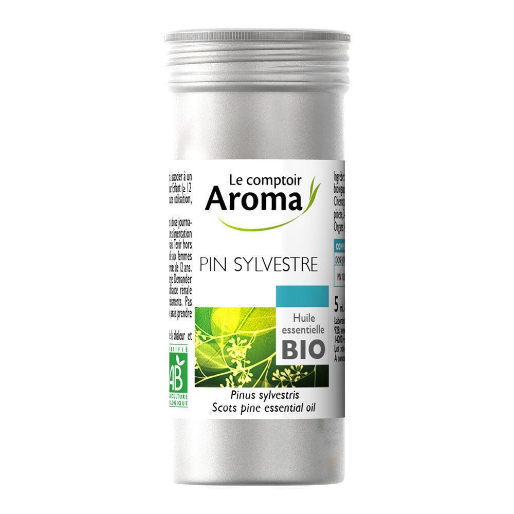 Emballage cylindrique en métal avec bouchon à vis. Étiquette avec nom du produit et certification bio.