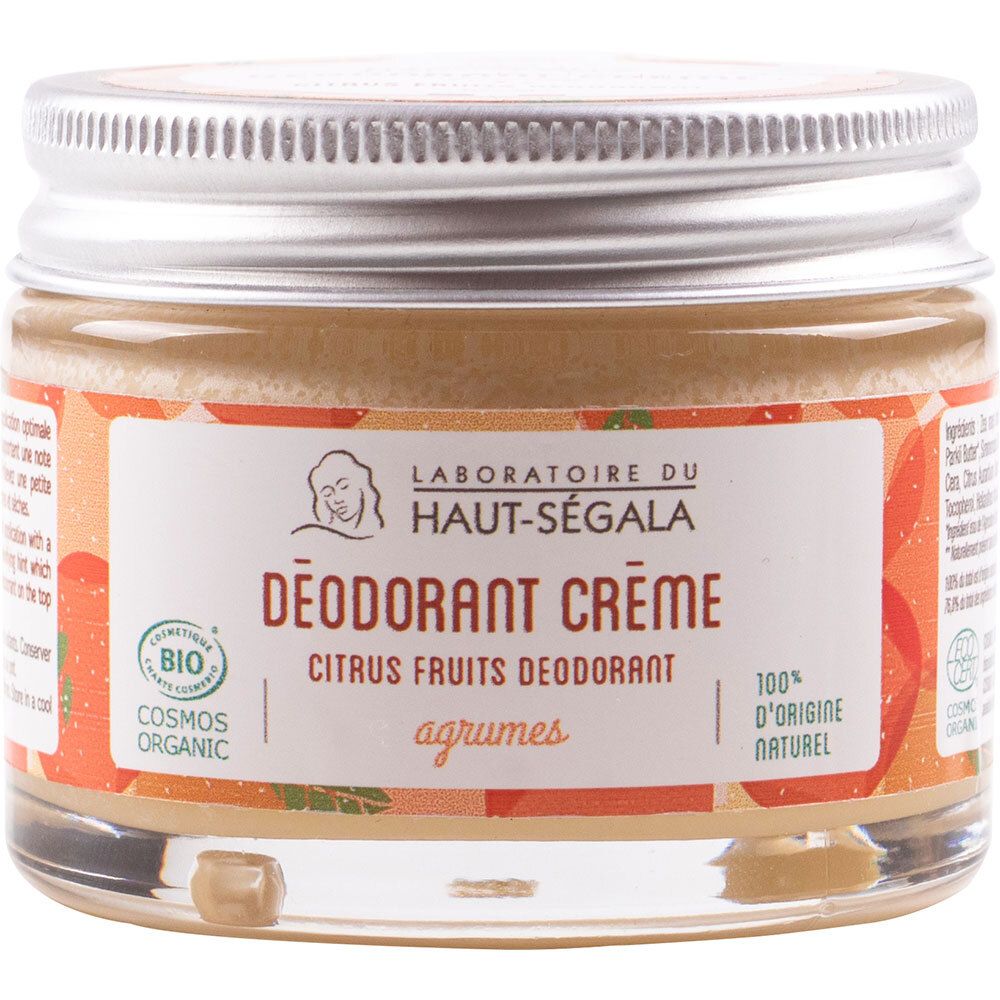 Pot de crème déodorante. Inscriptions: Laboratoire du Haut-Ségala, DÉODORANT CRÈME, Citrus Fruits, Bio. Label bio.