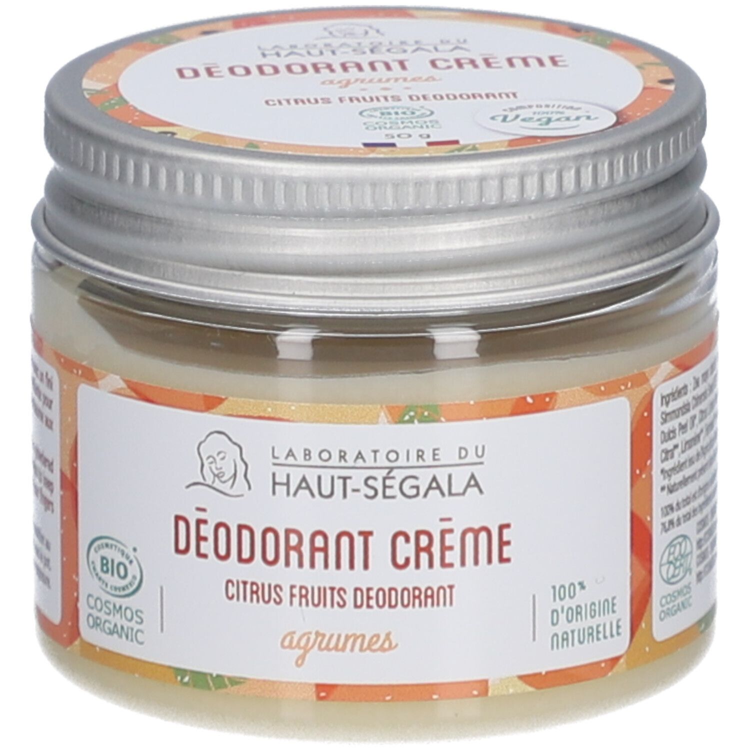 Pot de crème déodorante. Inscriptions: Laboratoire du Haut-Ségala, DÉODORANT CRÈME, Citrus Fruits, Bio. Label vegan.