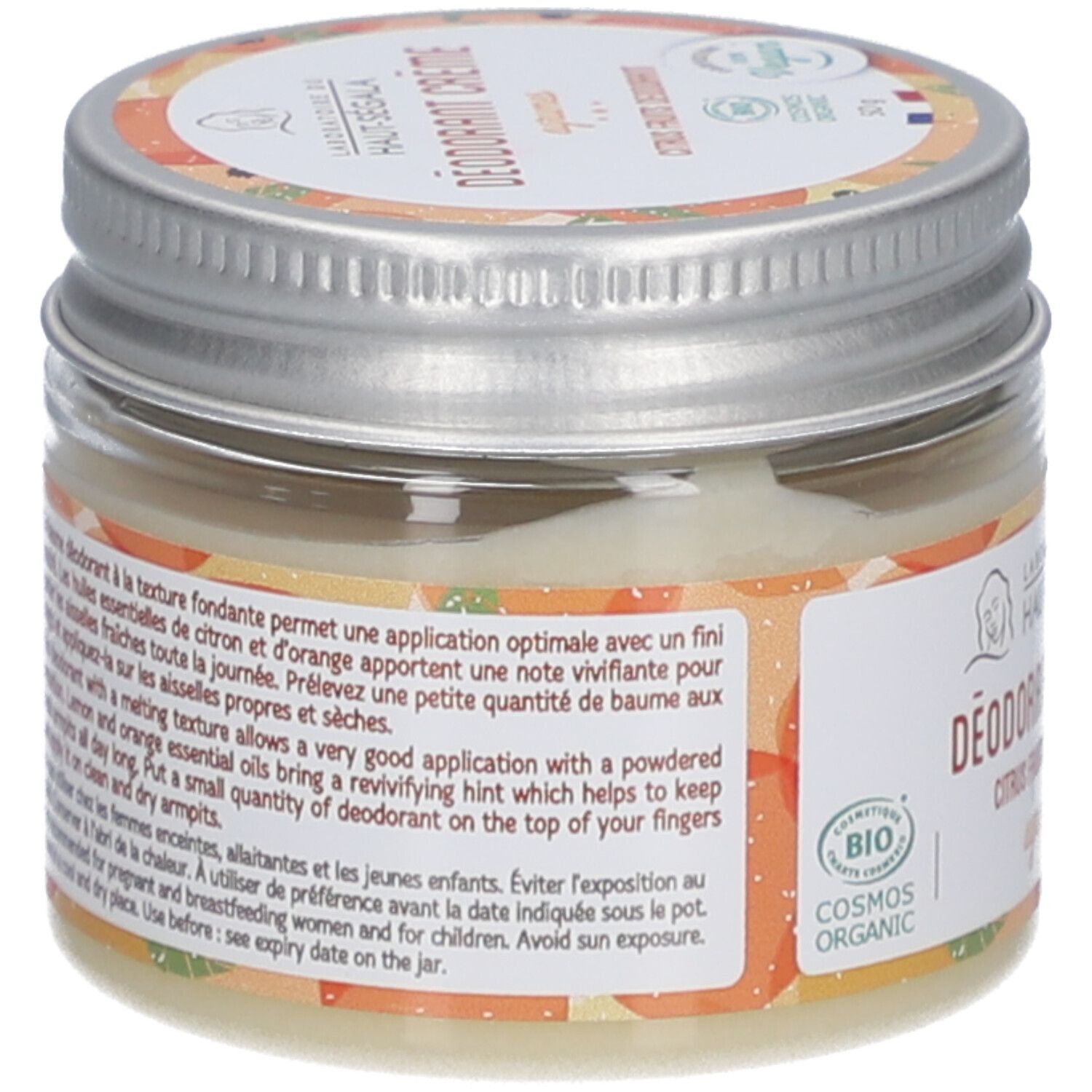 Dos du pot de crème déodorante. Texte: instructions d'utilisation, ingrédients. Avec label bio.