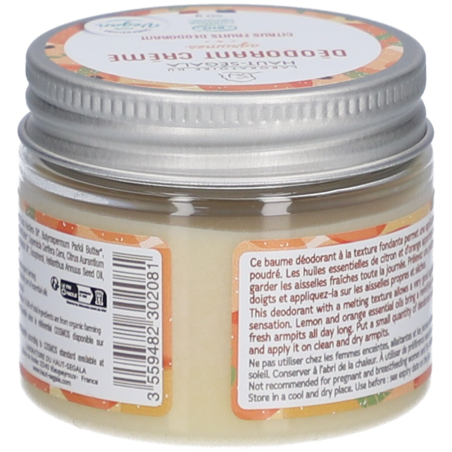 Dos du pot de crème déodorante. Texte: ingrédients, code-barres. Avec label bio.