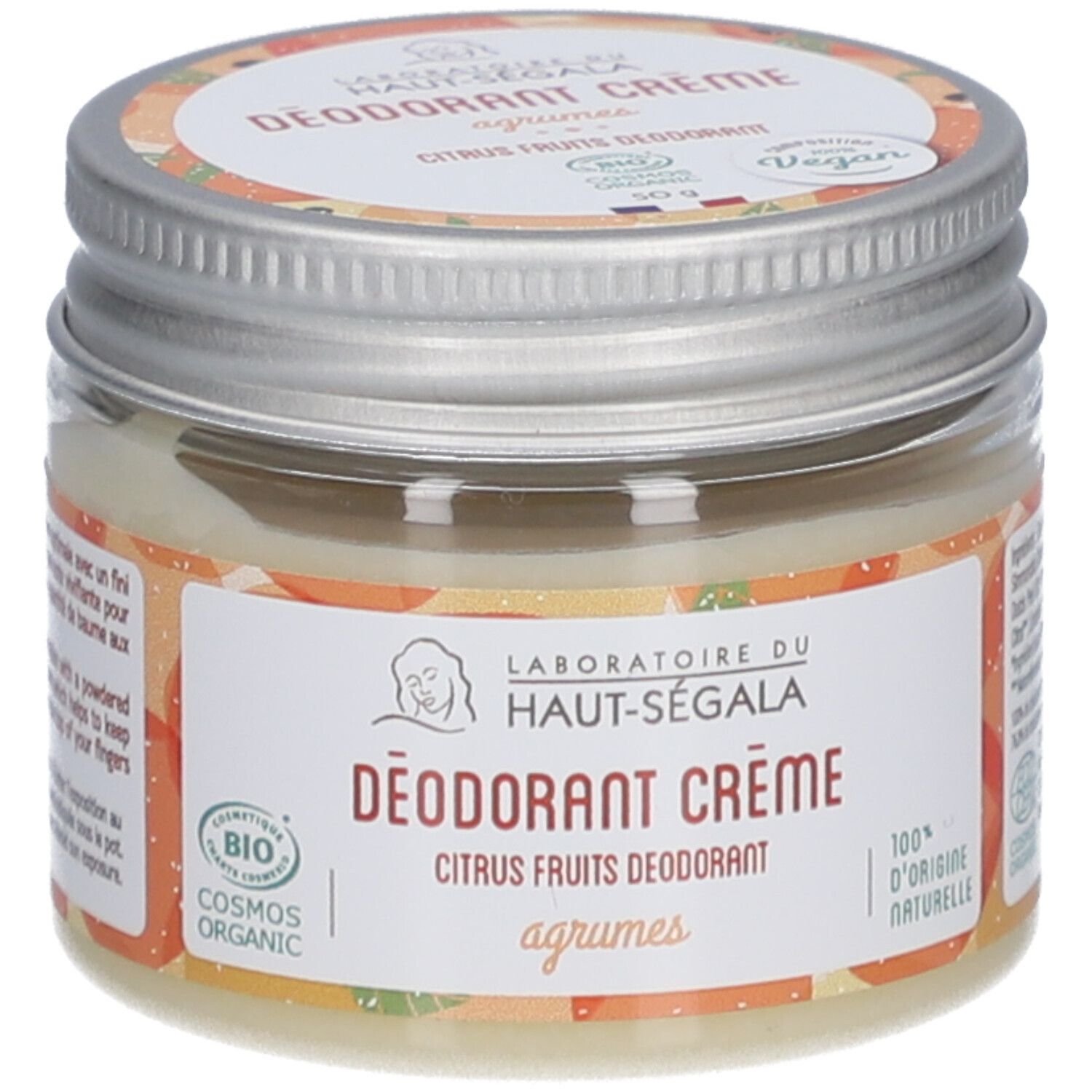 Pot de crème déodorante. Inscriptions: Laboratoire du Haut-Ségala, DÉODORANT CRÈME, Citrus Fruits, Bio. Label vegan.