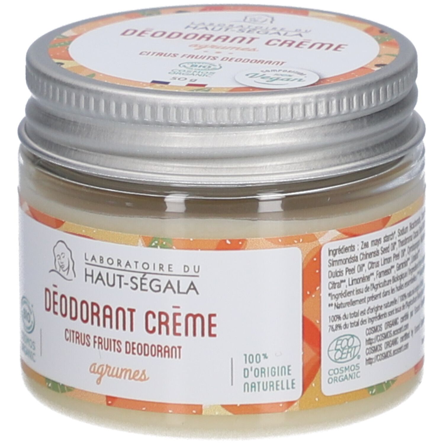 Pot de crème déodorante. Inscriptions: Laboratoire du Haut-Ségala, DÉODORANT CRÈME, Citrus Fruits, Bio. Label EcoCert.