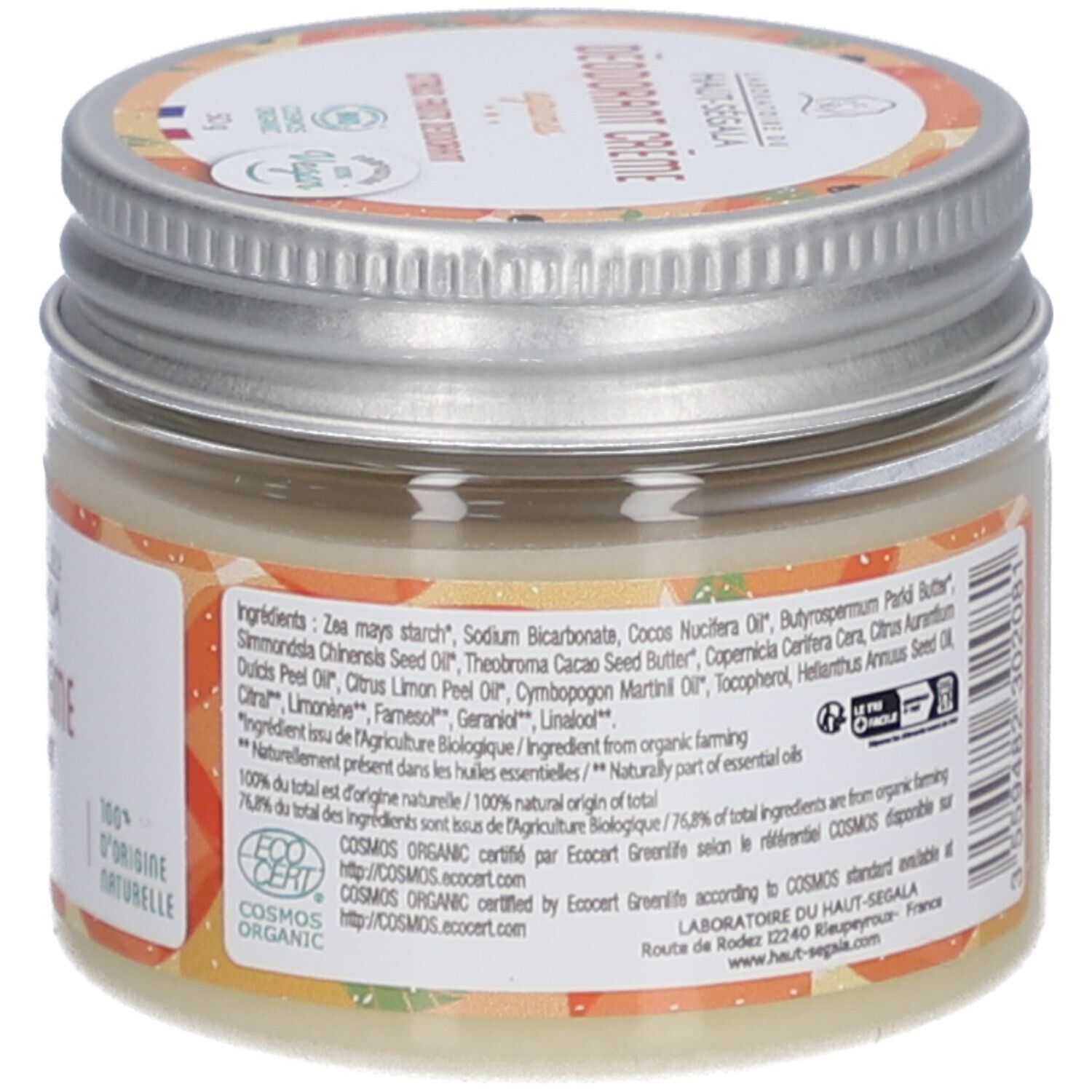 Dos du pot de crème déodorante. Texte: ingrédients, certification EcoCert. Avec label bio.