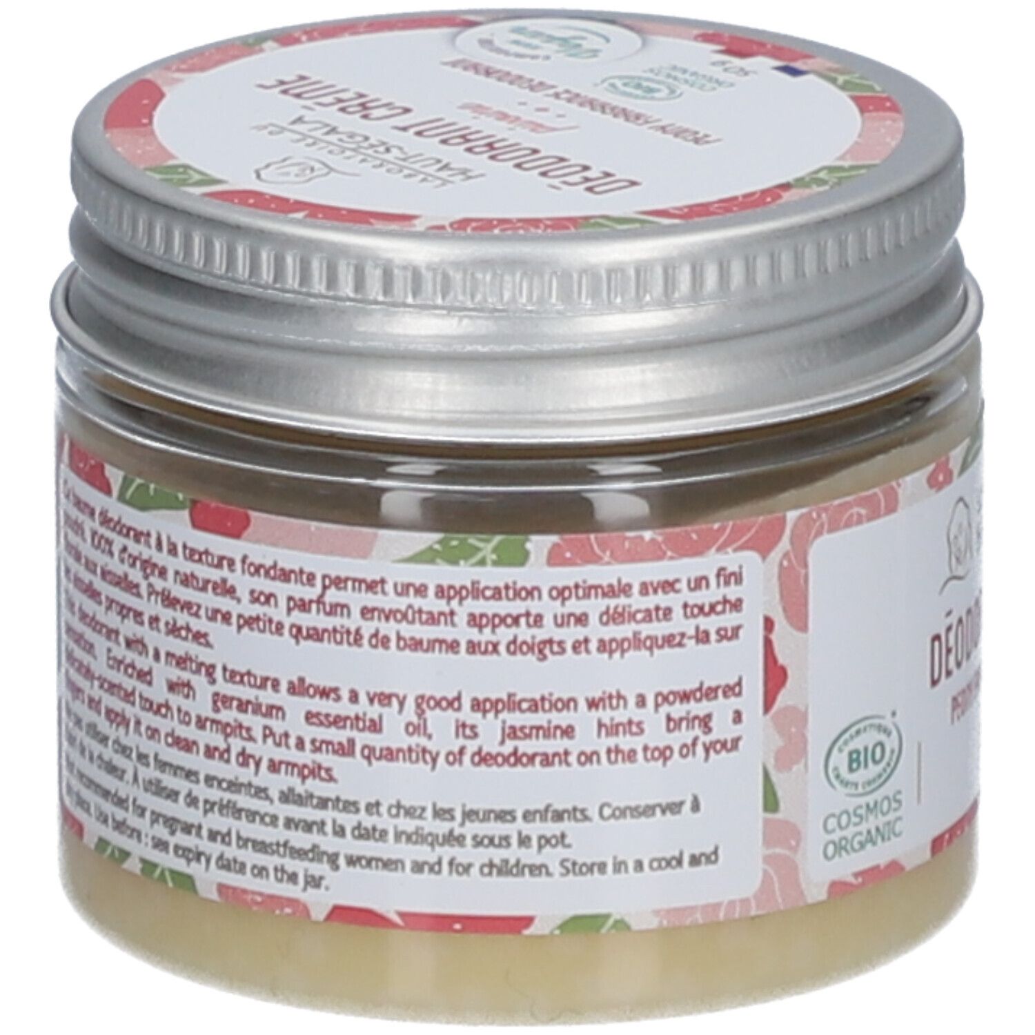 Dos du pot de déodorant crème. Texte sur l'étiquette, motif floral. Certification 'Cosmos Organic'.