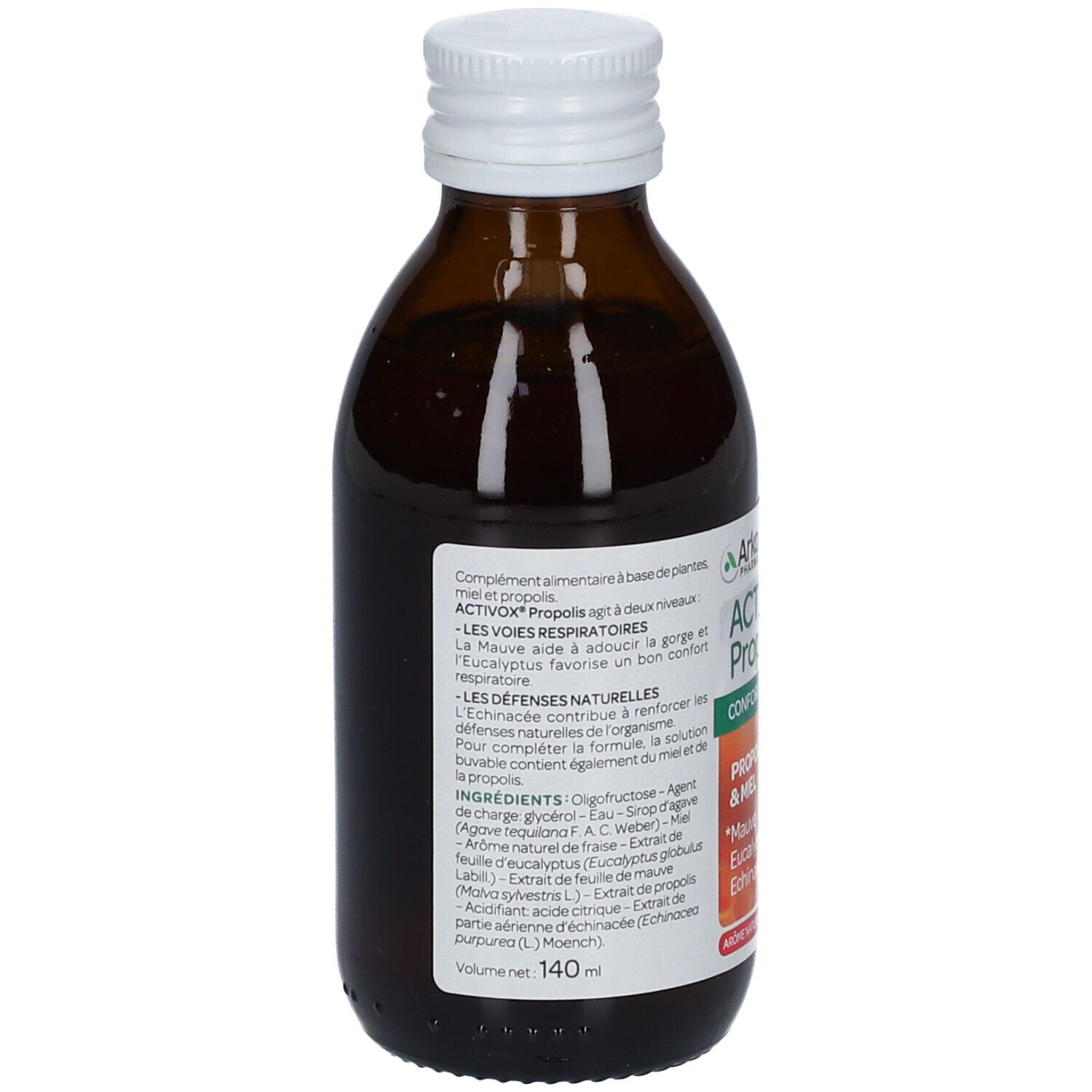 Flacon en verre brun avec bouchon blanc. Étiquette avec ingrédients et informations. Volume 140 ml. ACTIVOX Propolis.