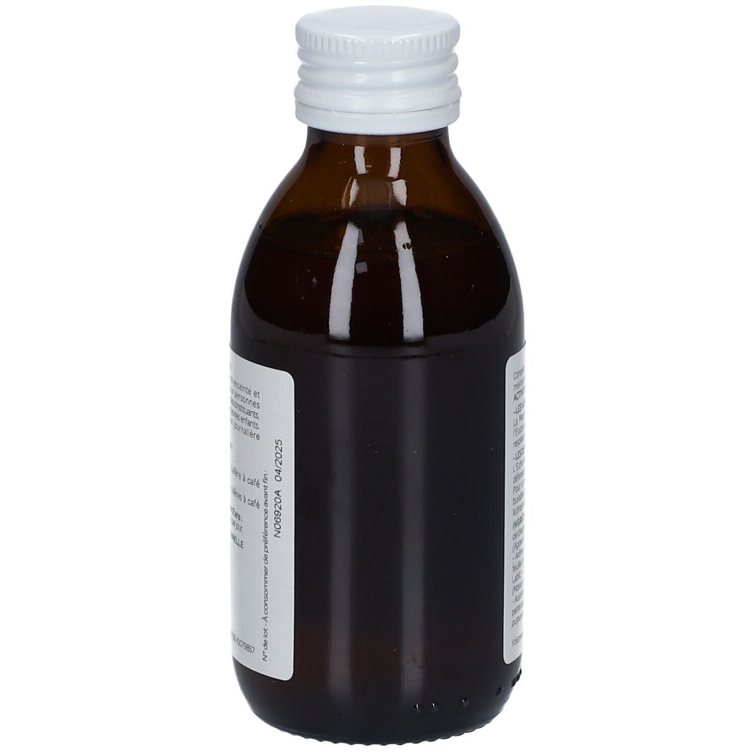Flacon en verre brun avec bouchon blanc. Étiquette avec informations produit. Vue arrière. ACTIVOX Propolis.