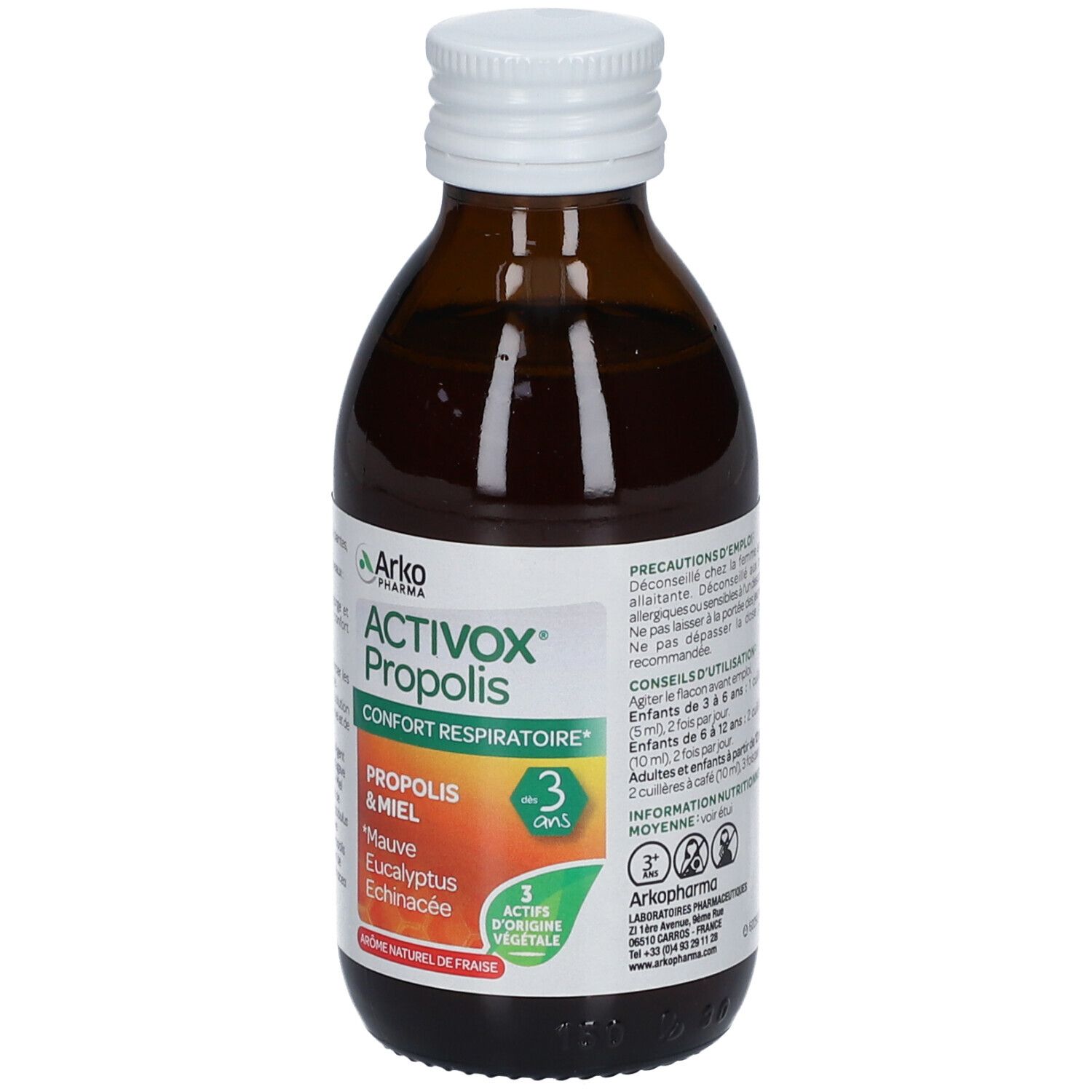 Flacon en verre brun avec bouchon blanc. Étiquette ACTIVOX Propolis, ingrédients et 3 actifs. Arôme naturel de fraise.