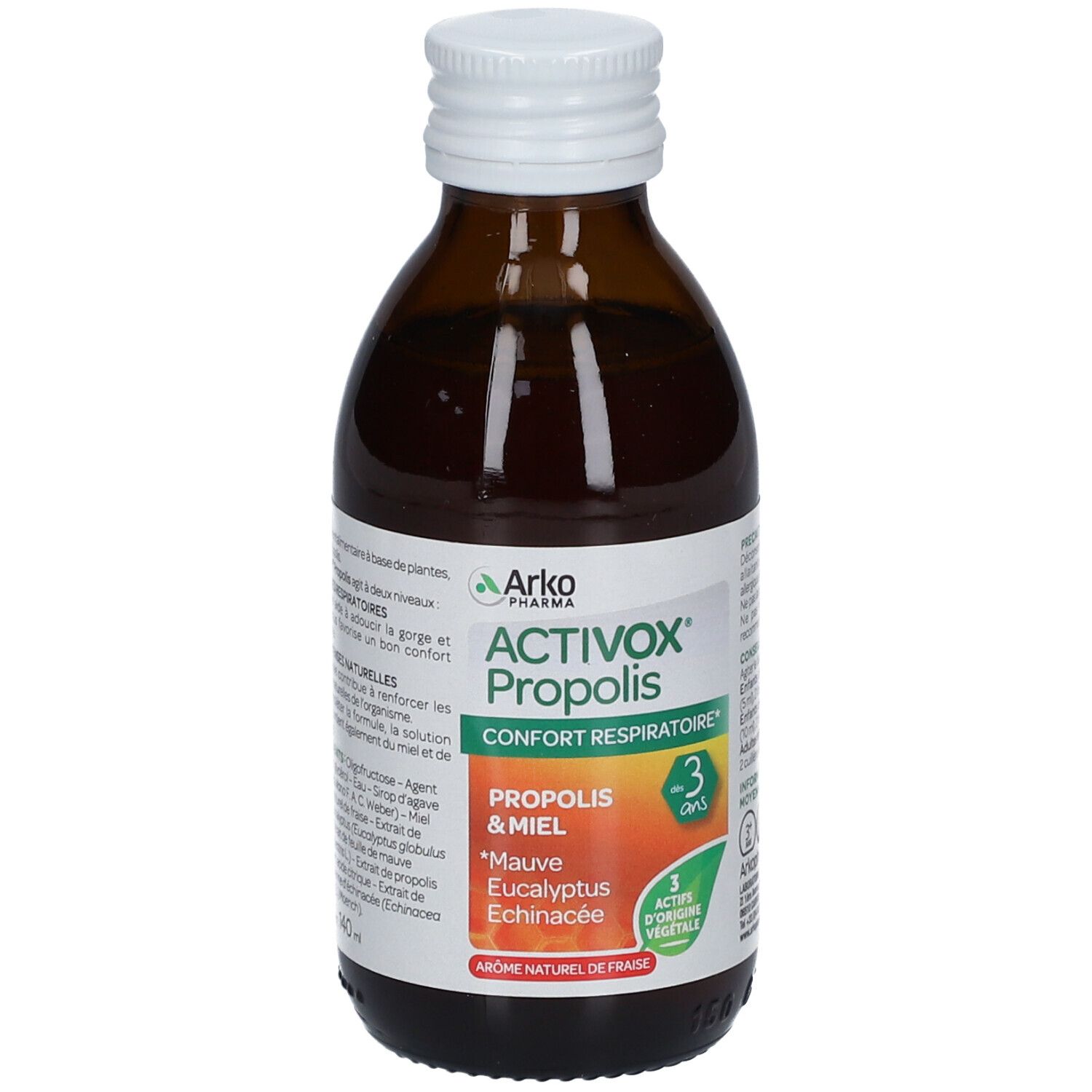 Flacon en verre brun avec bouchon blanc. Étiquette ACTIVOX Propolis, ingrédients et 3 actifs. Arôme naturel de fraise.