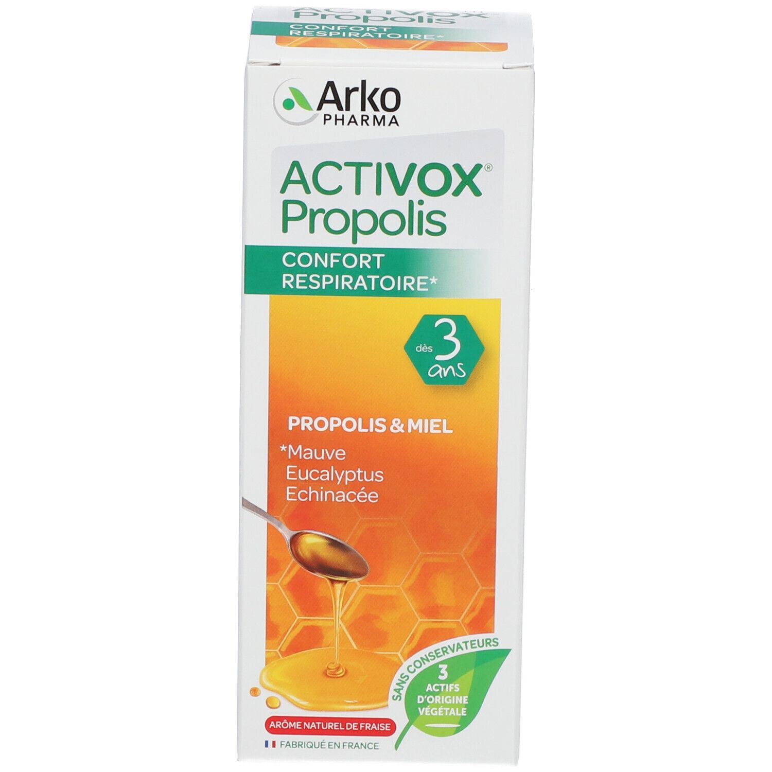 Boîte blanche avec ACTIVOX Propolis. Illustration du produit et ingrédients. 3 actifs. Sans conservateurs.