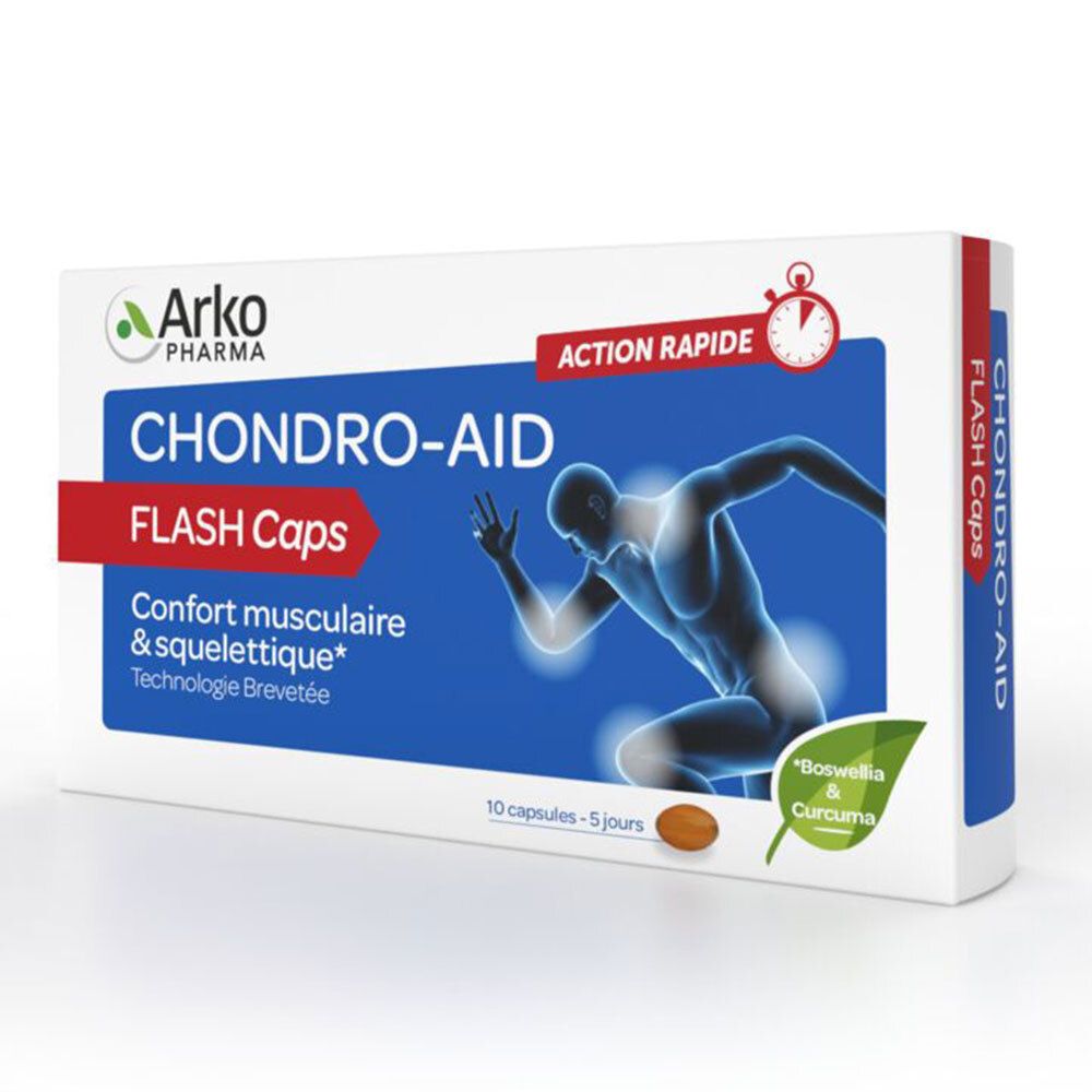 Boîte blanche Arkopharma CHONDRO-AID FLASH Caps. Contient 10 capsules. Illustration d'un homme. Texte: Action Rapide, Boswellia & Curcuma.