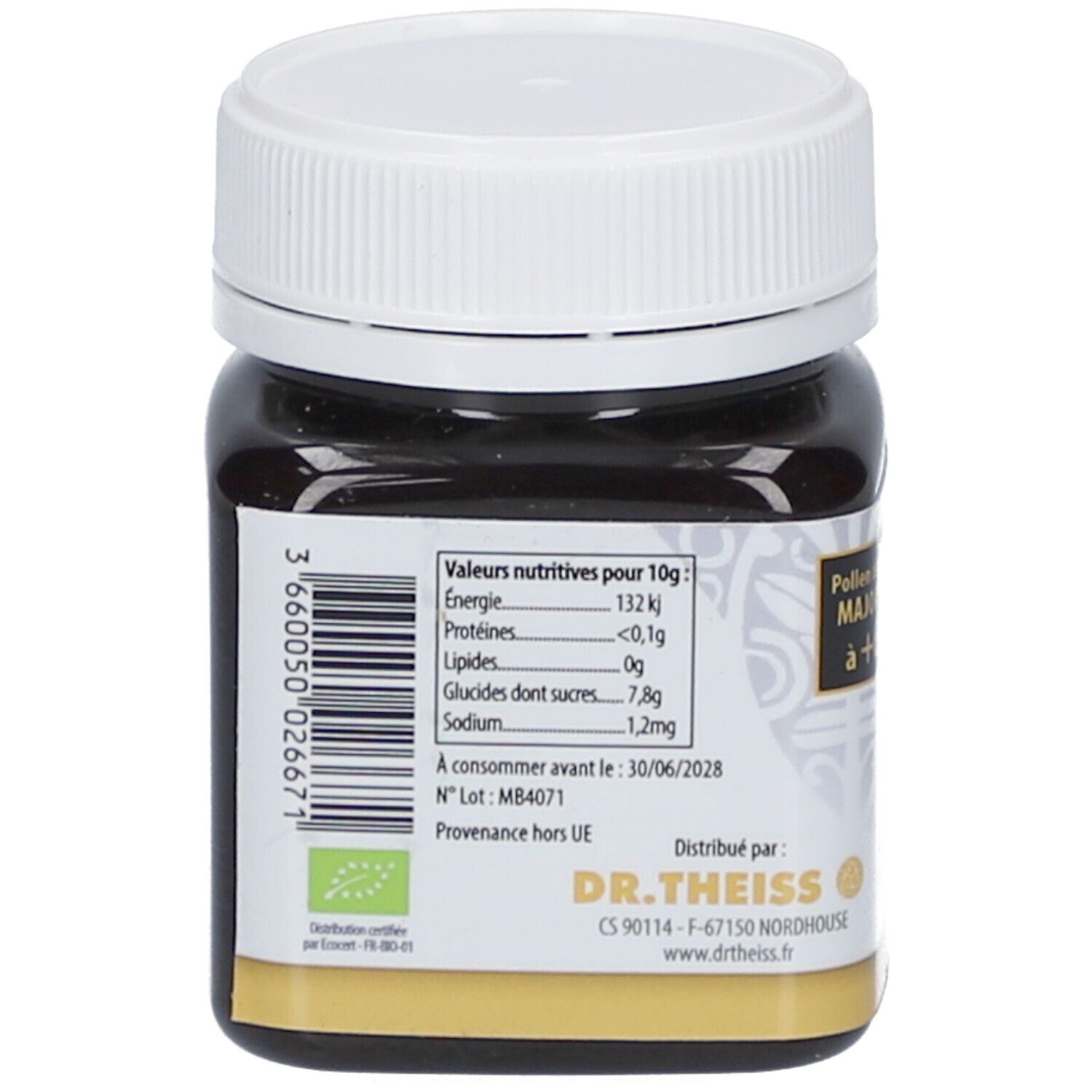 Dos du pot en verre. Contient des informations nutritionnelles, un code-barres et les coordonnées du fabricant.