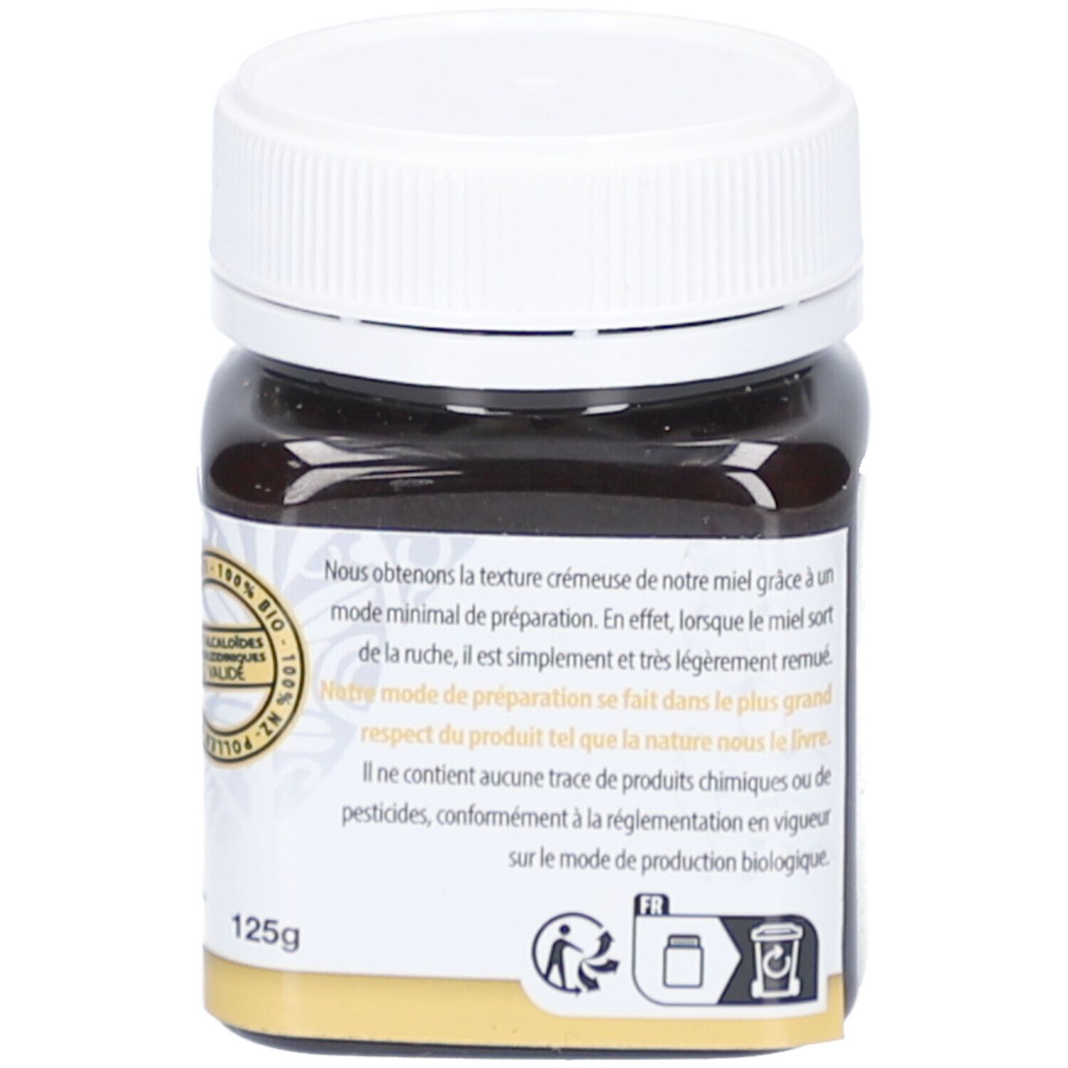 Dos du pot en verre. Texte sur la fabrication et les certifications.