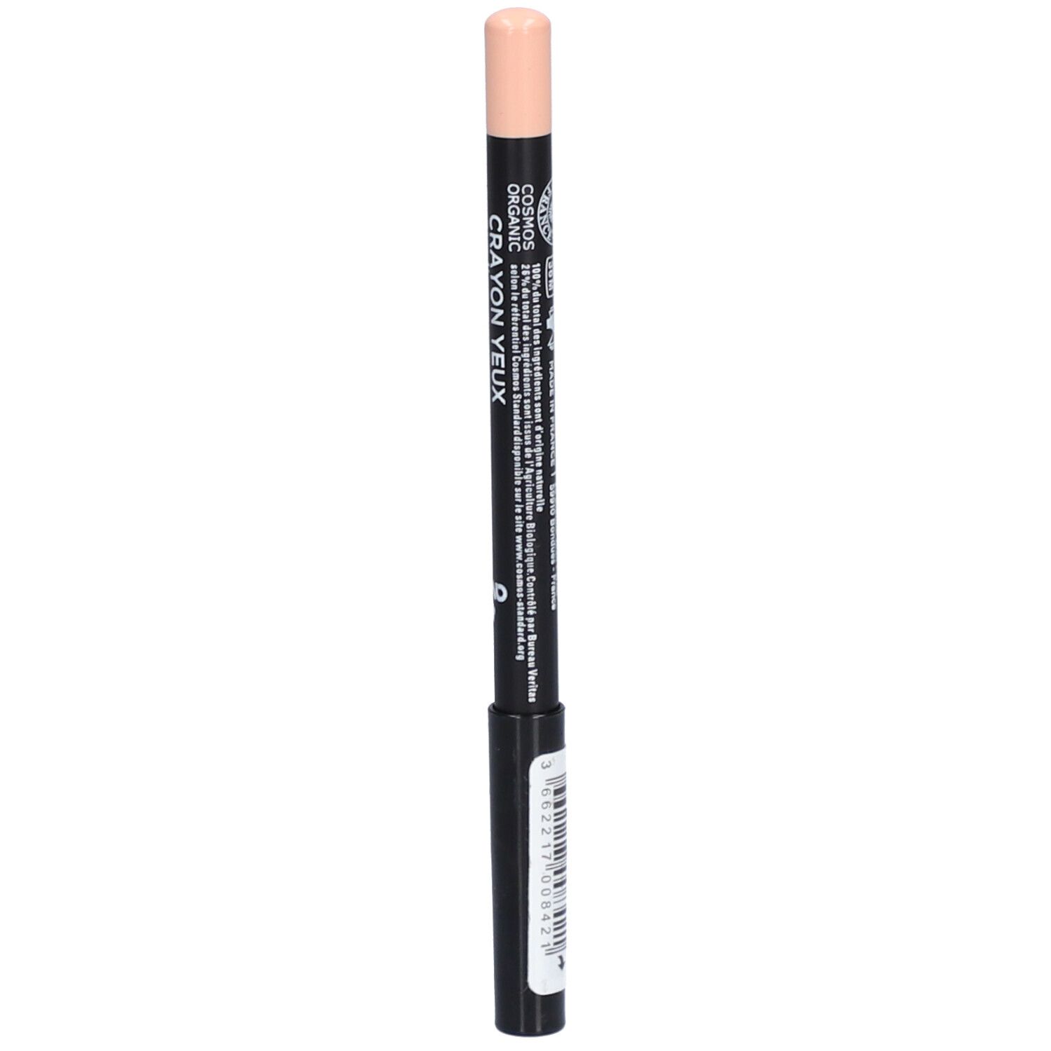 Crayon yeux noir avec pointe beige. Inscription: Crayon Yeux, Cosmos Organic. Certifié bio.