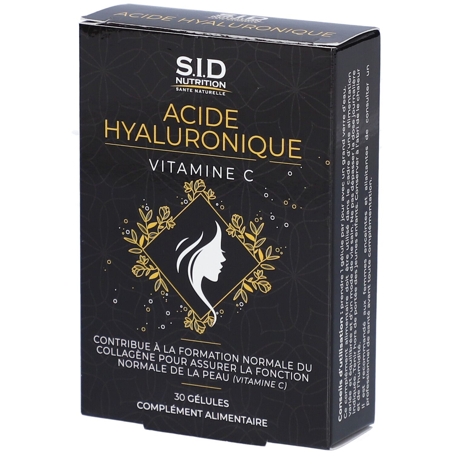 Boîte noire "S.I.D Nutrition Acide Hyaluronique Vitamine C". Contient 30 gélules. Logo femme.