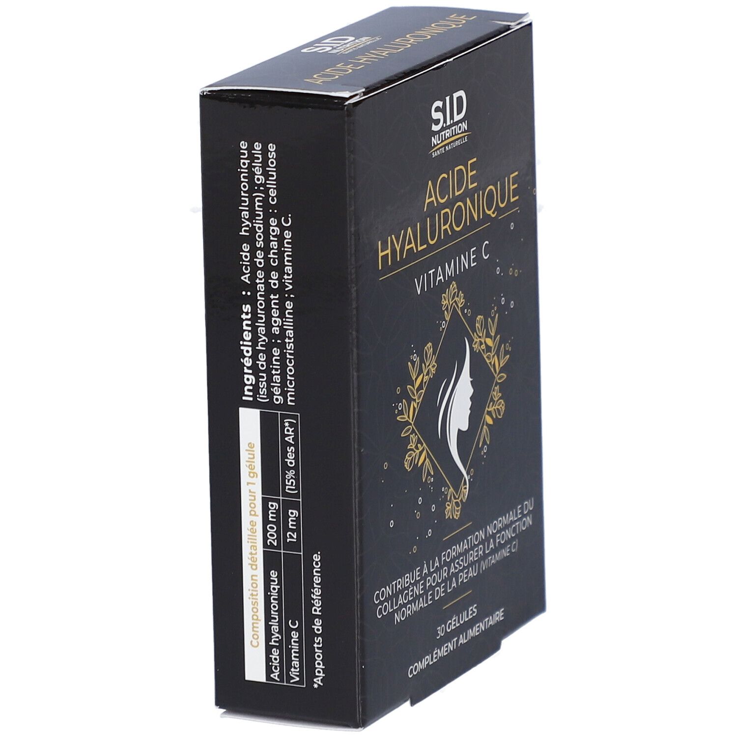 Boîte noire "S.I.D Nutrition Acide Hyaluronique Vitamine C". Liste des ingrédients et tableau nutritionnel.