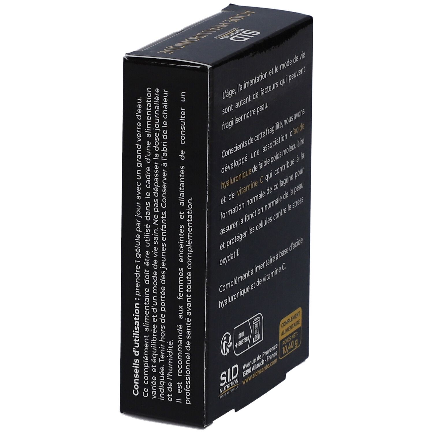 Boîte noire avec texte sur "Acide Hyaluronique Vitamine C". Conseils d'utilisation.