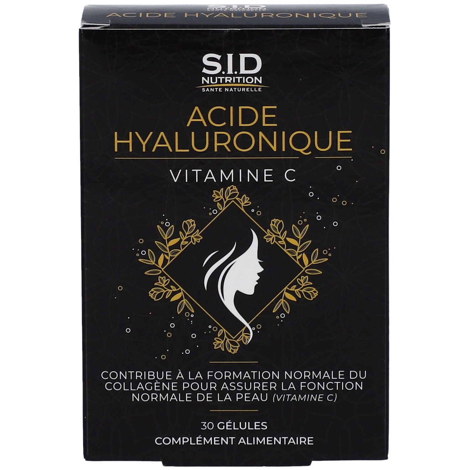 Boîte noire "S.I.D Nutrition Acide Hyaluronique Vitamine C". 30 gélules. Logo femme.