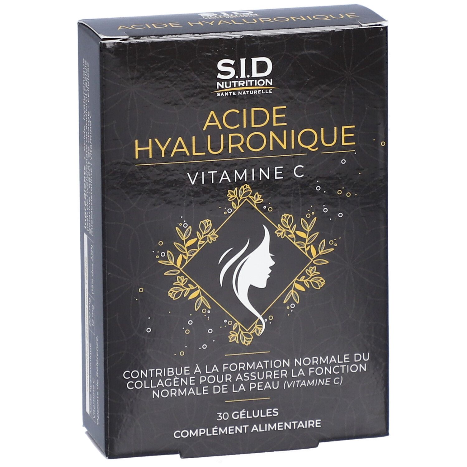 Boîte noire "S.I.D Nutrition Acide Hyaluronique Vitamine C". 30 gélules. Logo femme.