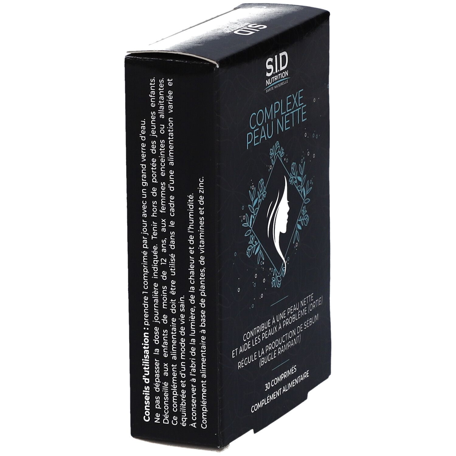 Boîte noire SID Nutrition Complexe Peau Nette. Texte et logo sur le côté. 30 comprimés.