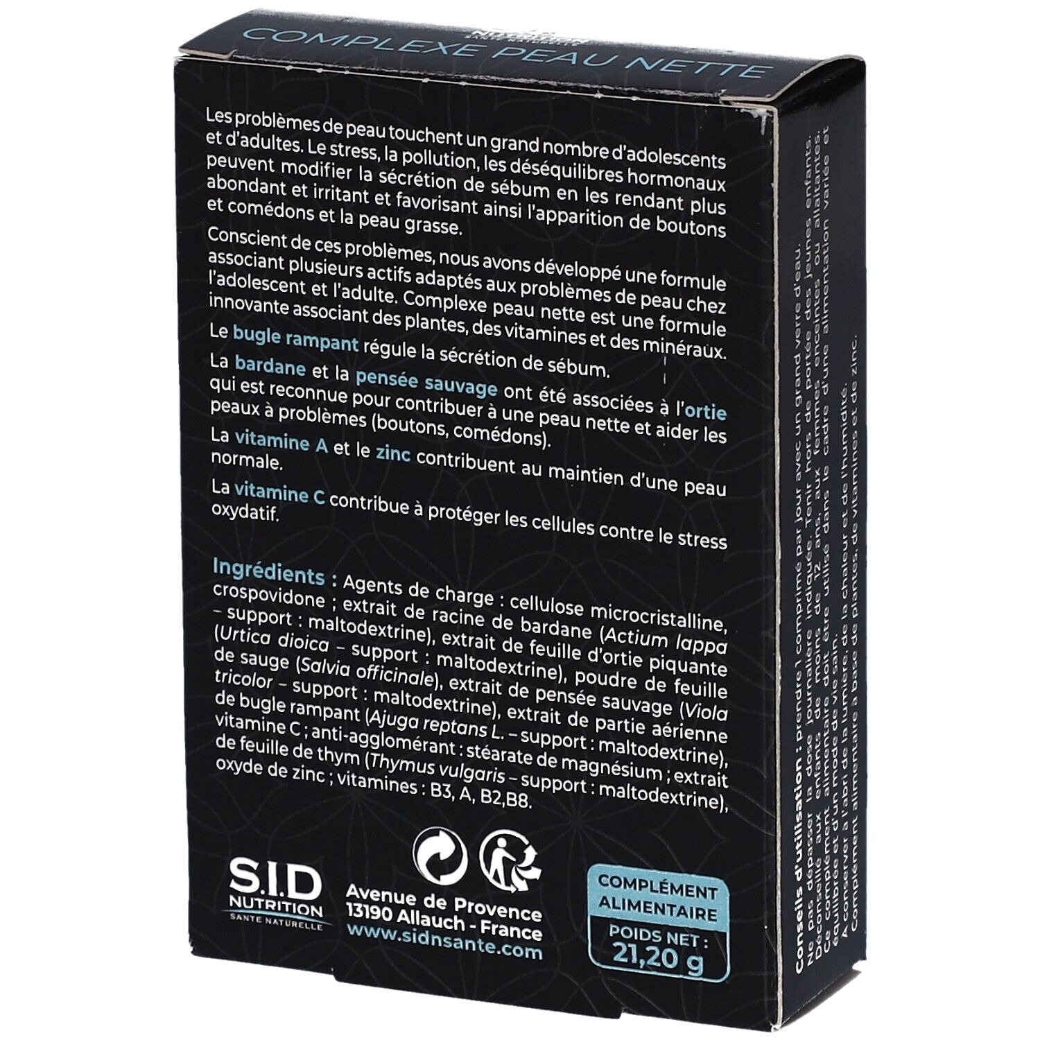 Dos de la boîte noire. Texte sur les ingrédients et l'utilisation. Logo SID Nutrition.