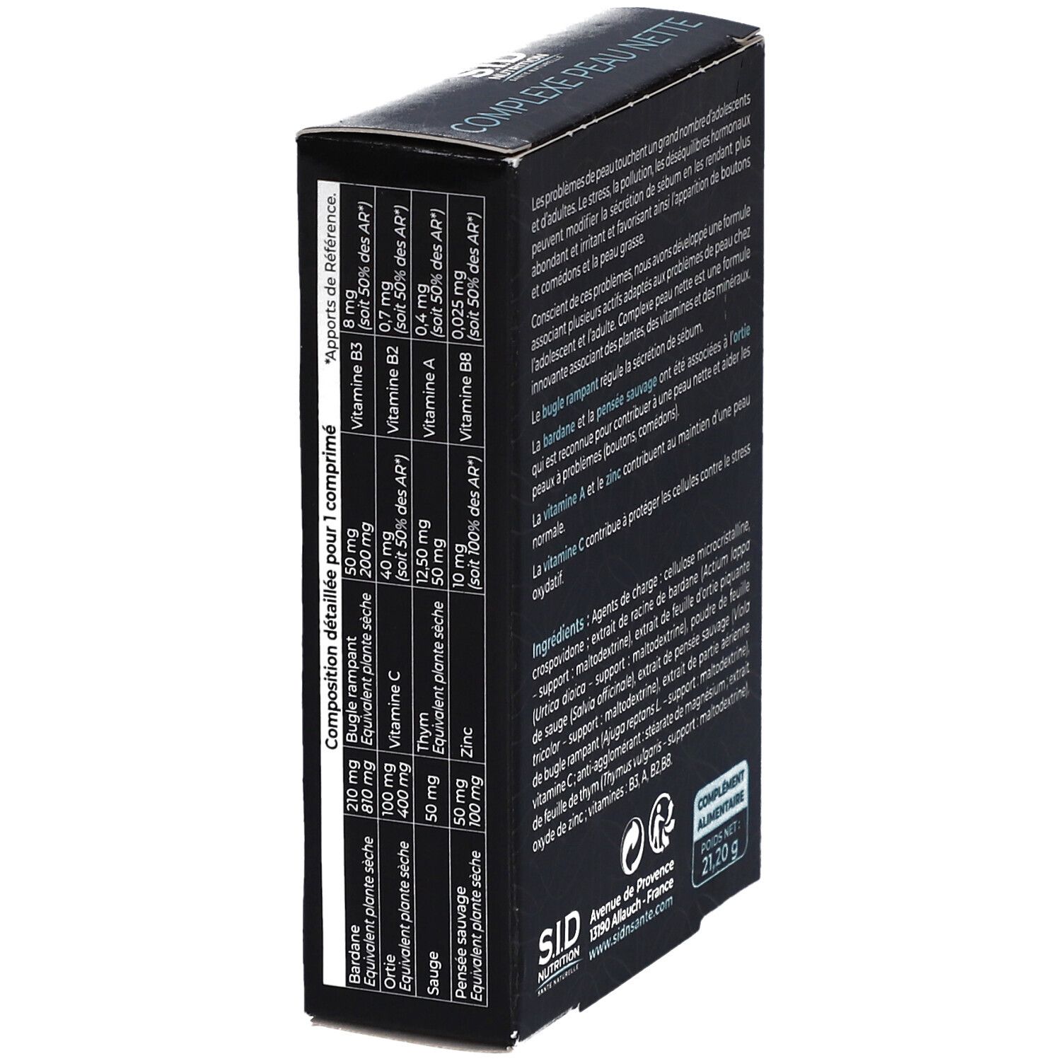 Boîte noire, détail du tableau des ingrédients. Logo et texte SID Nutrition.