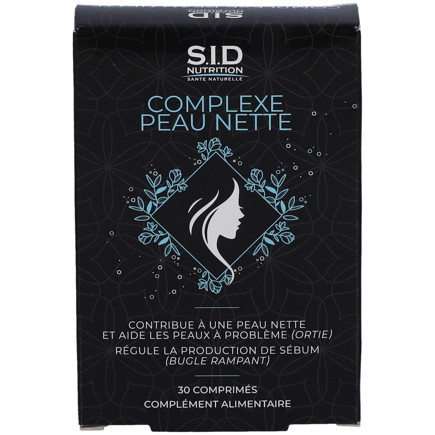 Face avant de la boîte noire. Logo et texte SID Nutrition Complexe Peau Nette. 30 comprimés.