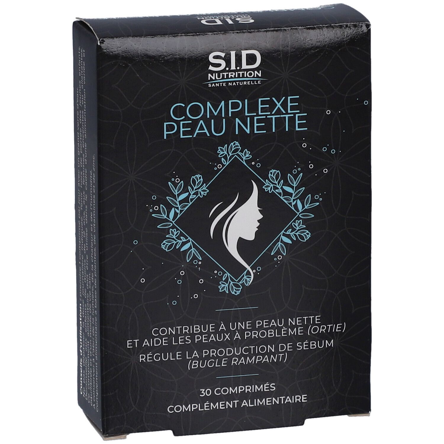 Boîte noire, légèrement en biais. Logo et texte SID Nutrition Complexe Peau Nette. 30 comprimés.
