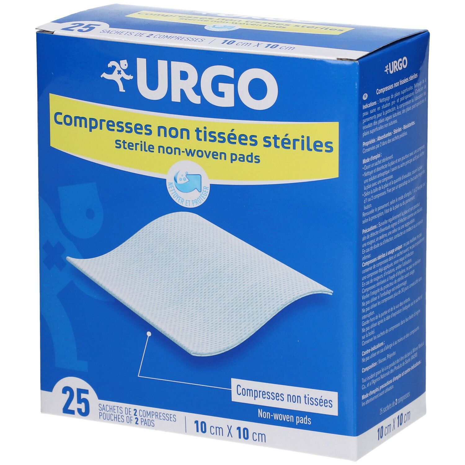 Boîte bleue et jaune avec logo URGO et texte : Compresses non tissées stériles. 25 compresses stériles, 10 cm x 10 cm. Une compresse est devant.