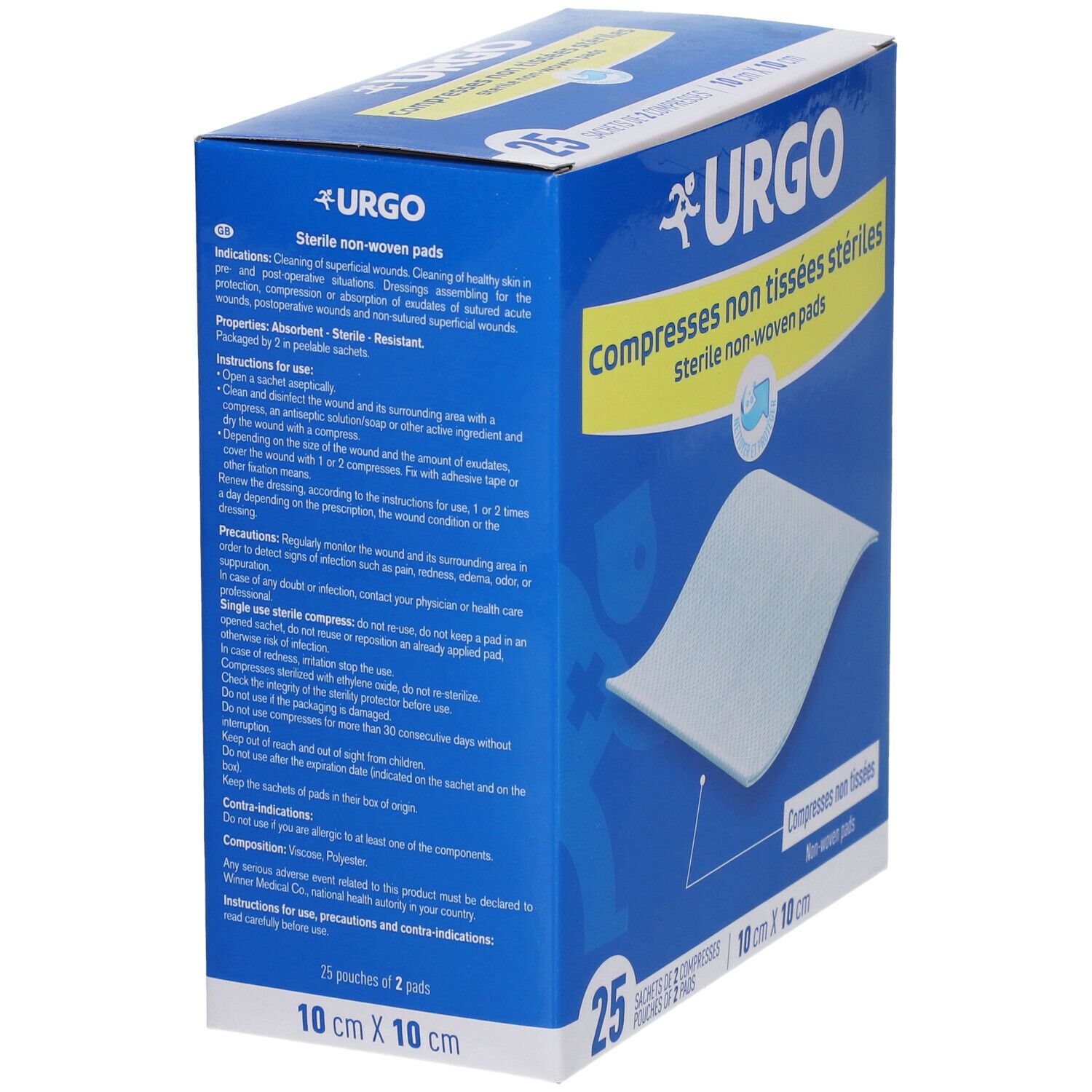 Boîte bleue avec logo URGO et texte : Compresses non tissées stériles. 25 compresses stériles, 10 cm x 10 cm. Texte et une compresse sont visibles.