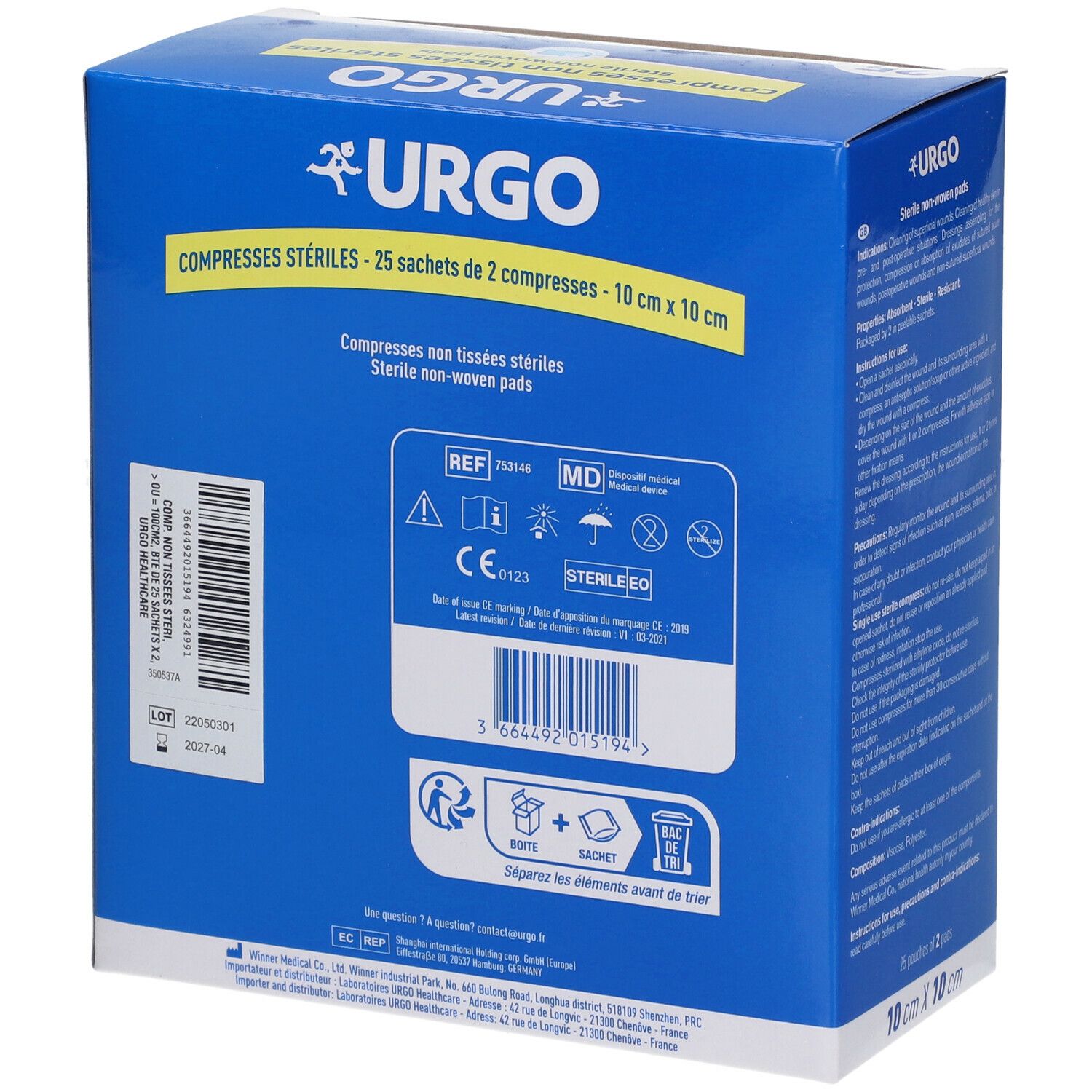 Dos de la boîte bleue avec logo URGO. Texte : Compresses stériles, 25 Sachets de 2 compresses - 10 cm x 10 cm. Marquage dispositif médical.