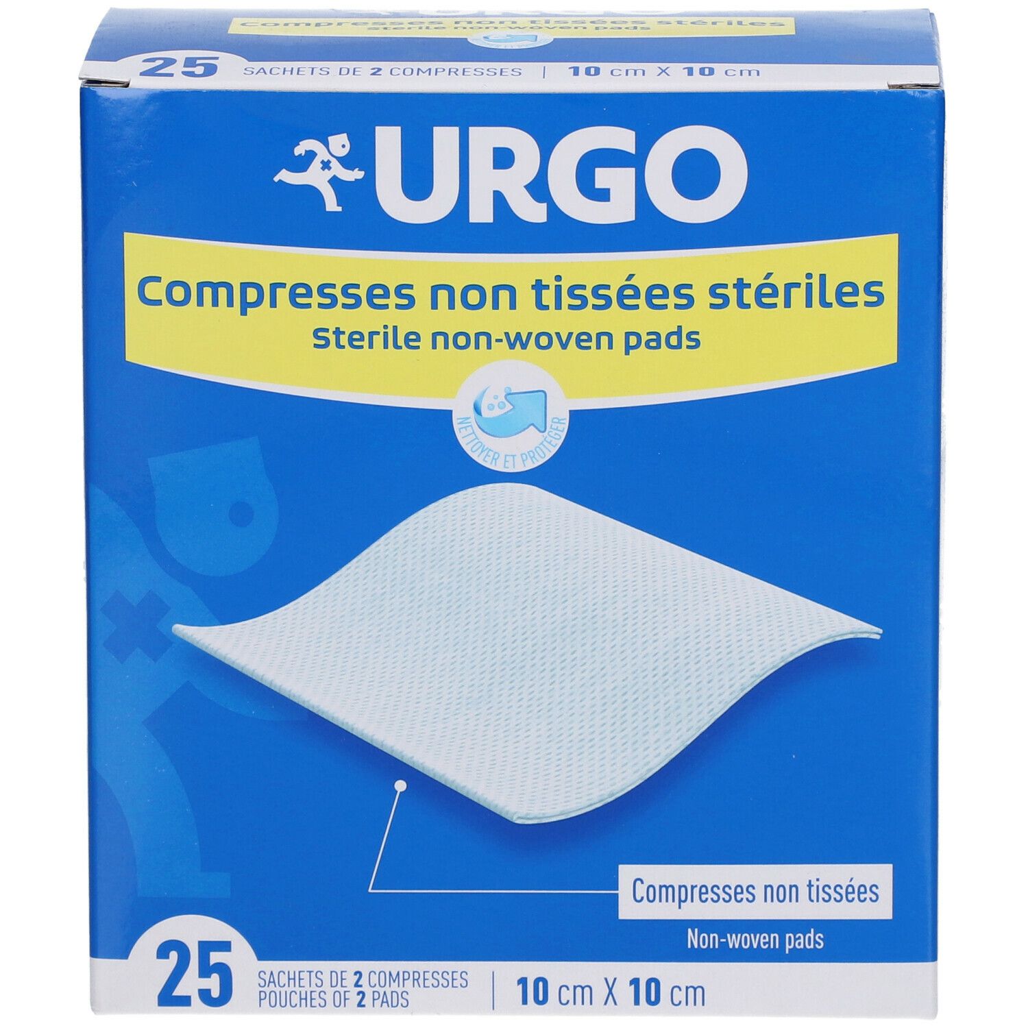 Boîte bleue et jaune avec logo URGO et texte : Compresses non tissées stériles. 25 compresses stériles, 10 cm x 10 cm. Une compresse est visible.