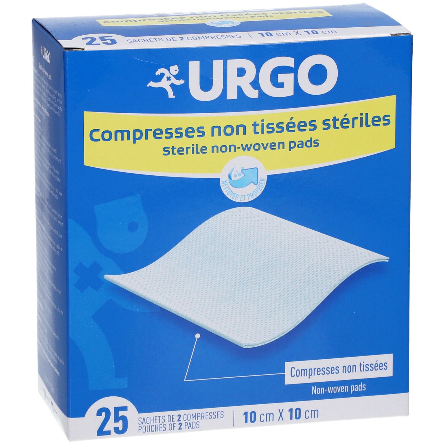 Boîte bleue et jaune avec logo URGO et texte : Compresses non tissées stériles. 25 compresses stériles, 10 cm x 10 cm. Une compresse est visible.