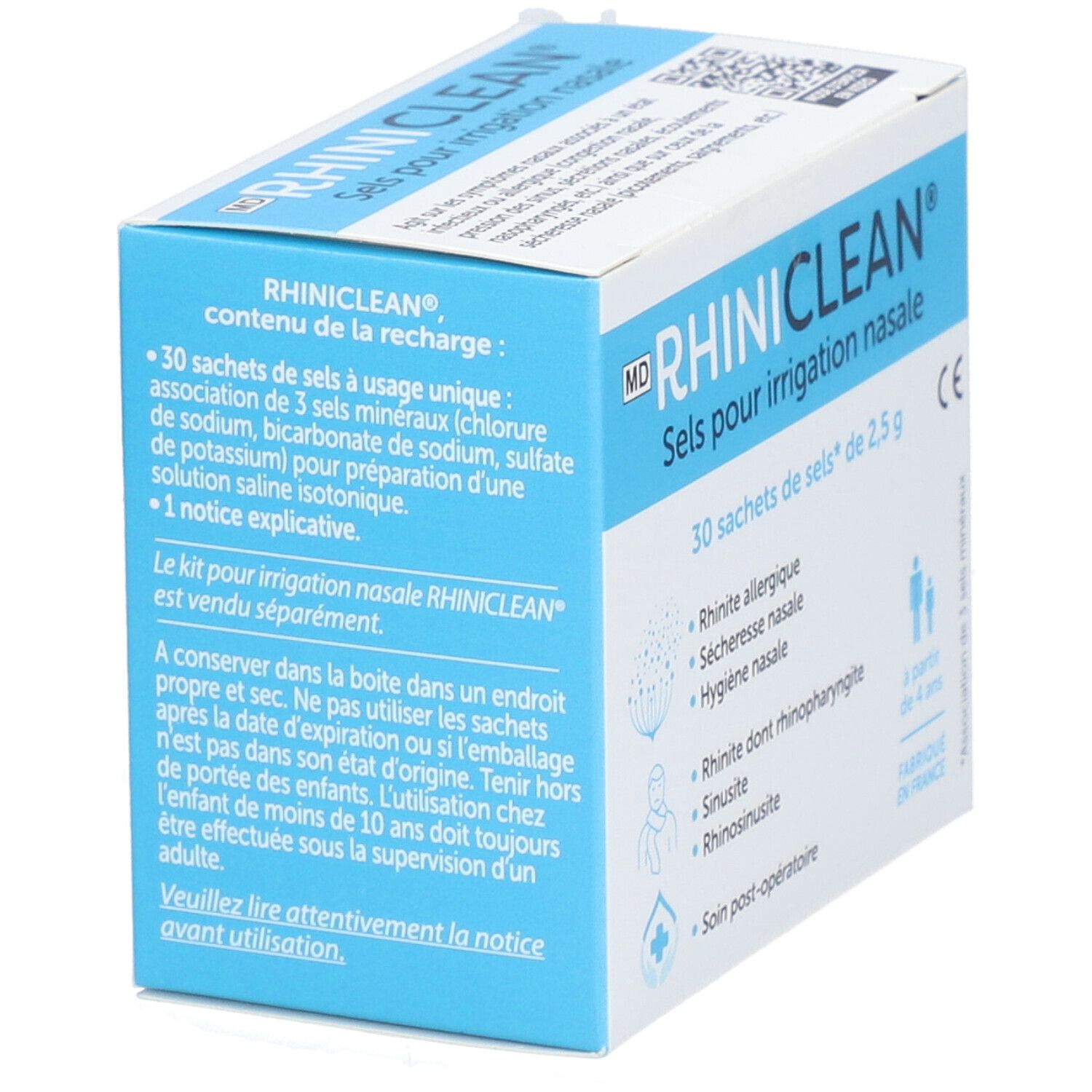 Boîte bleue et blanche RHINICLEAN. Contient 30 sachets pour irrigation nasale. Inscription : Sels pour irrigation nasale. Fabriqué en France.