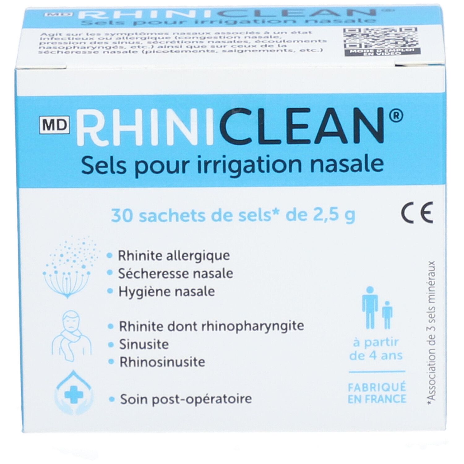Boîte bleue et blanche RHINICLEAN. Contient 30 sachets pour irrigation nasale. Inscription : Sels pour irrigation nasale. Fabriqué en France.