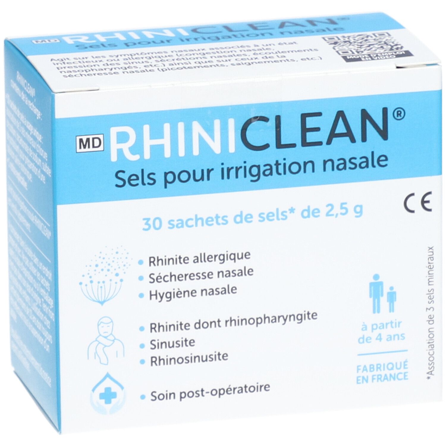 Boîte bleue et blanche RHINICLEAN. Contient 30 sachets pour irrigation nasale. Inscription : Sels pour irrigation nasale. Fabriqué en France.