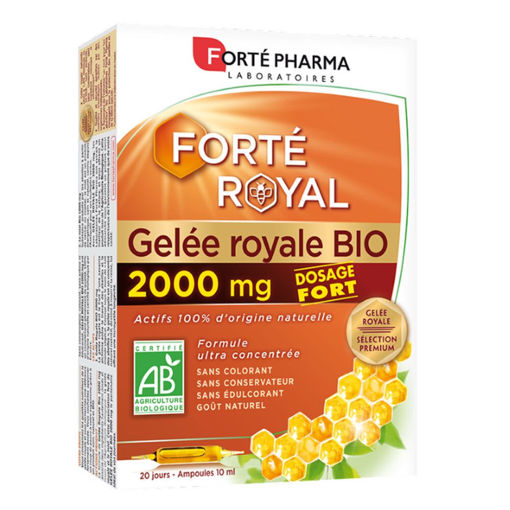 Boîte de Forté Royal Gelée royale BIO 2000 mg. Certifié AB. Contient 20 ampoules de 10 ml.