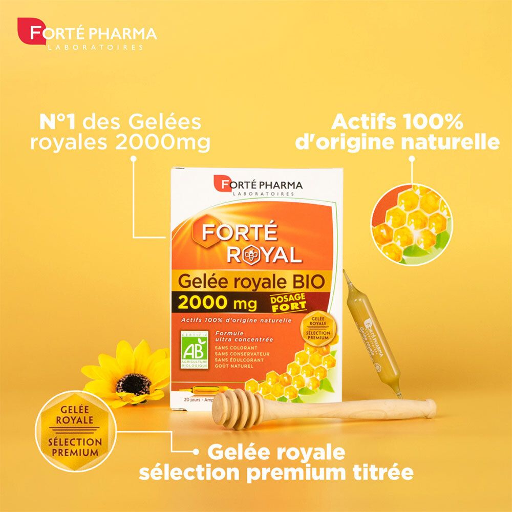 Boîte Forté Royal Gelée royale BIO 2000 mg avec ampoule, cuillère à miel et tournesol.