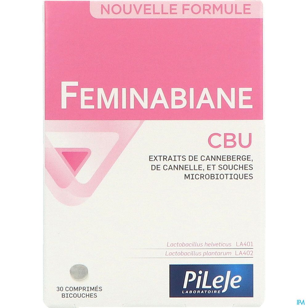 Boîte de Feminabiane CBU. Boîte blanche avec accents roses. Contient 30 comprimés. Texte : "Nouvelle Formule".