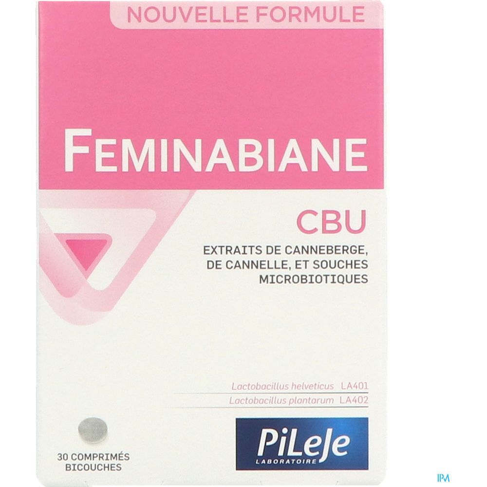 Boîte de Feminabiane CBU. Boîte blanche avec accents roses. Contient 30 comprimés. Texte : "Nouvelle Formule".