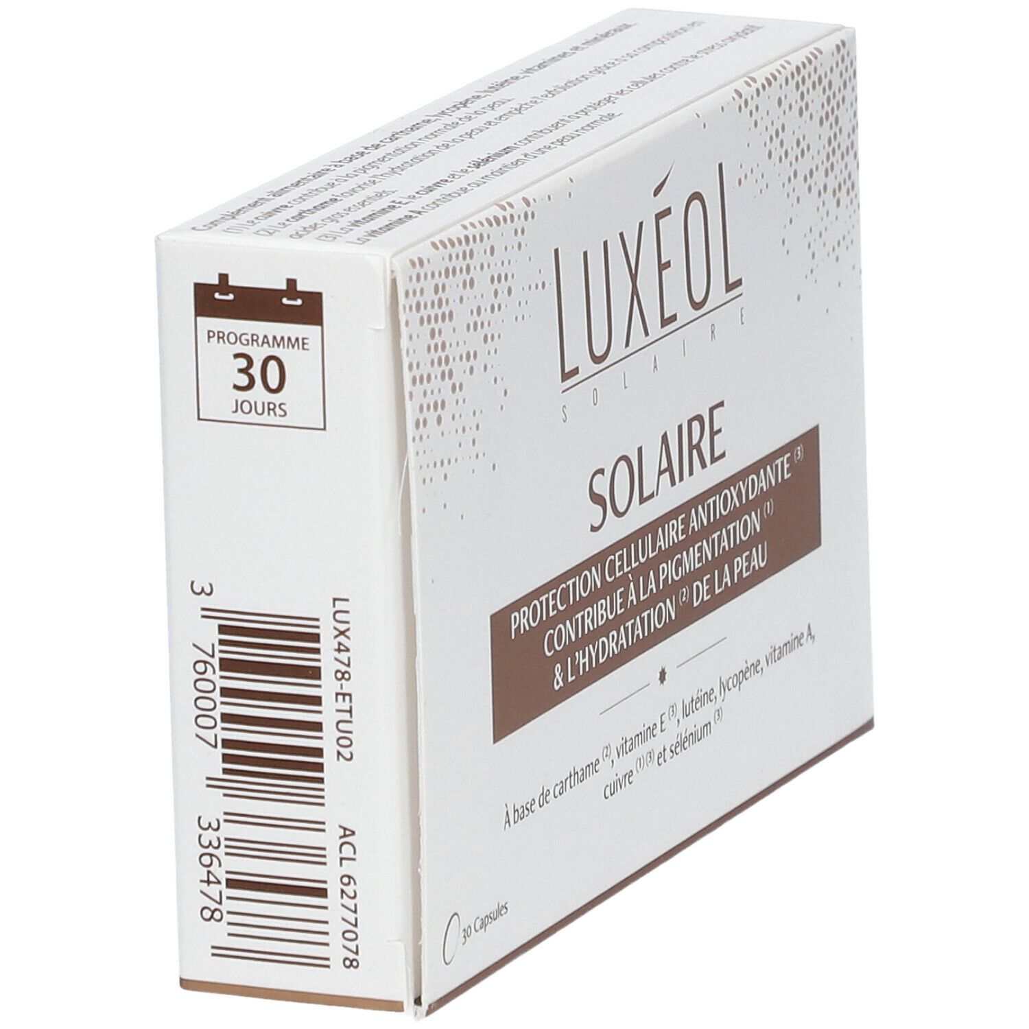 Boîte blanche LUXÉOL Solaire. Bande marron avec texte. 30 jours. Code-barres et informations produit sur le côté.