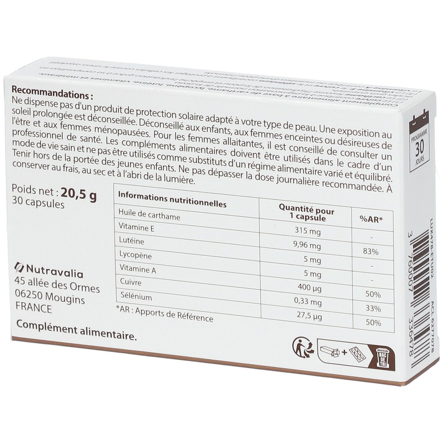 Dos de la boîte LUXÉOL Solaire. Informations sur les ingrédients et valeurs nutritionnelles. 30 capsules. Adresse du fabricant.