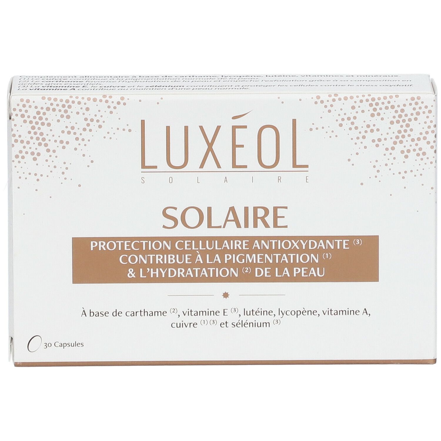 Boîte blanche LUXÉOL Solaire. Bande marron avec texte. 30 capsules. Inscription : protection, pigmentation, hydratation.
