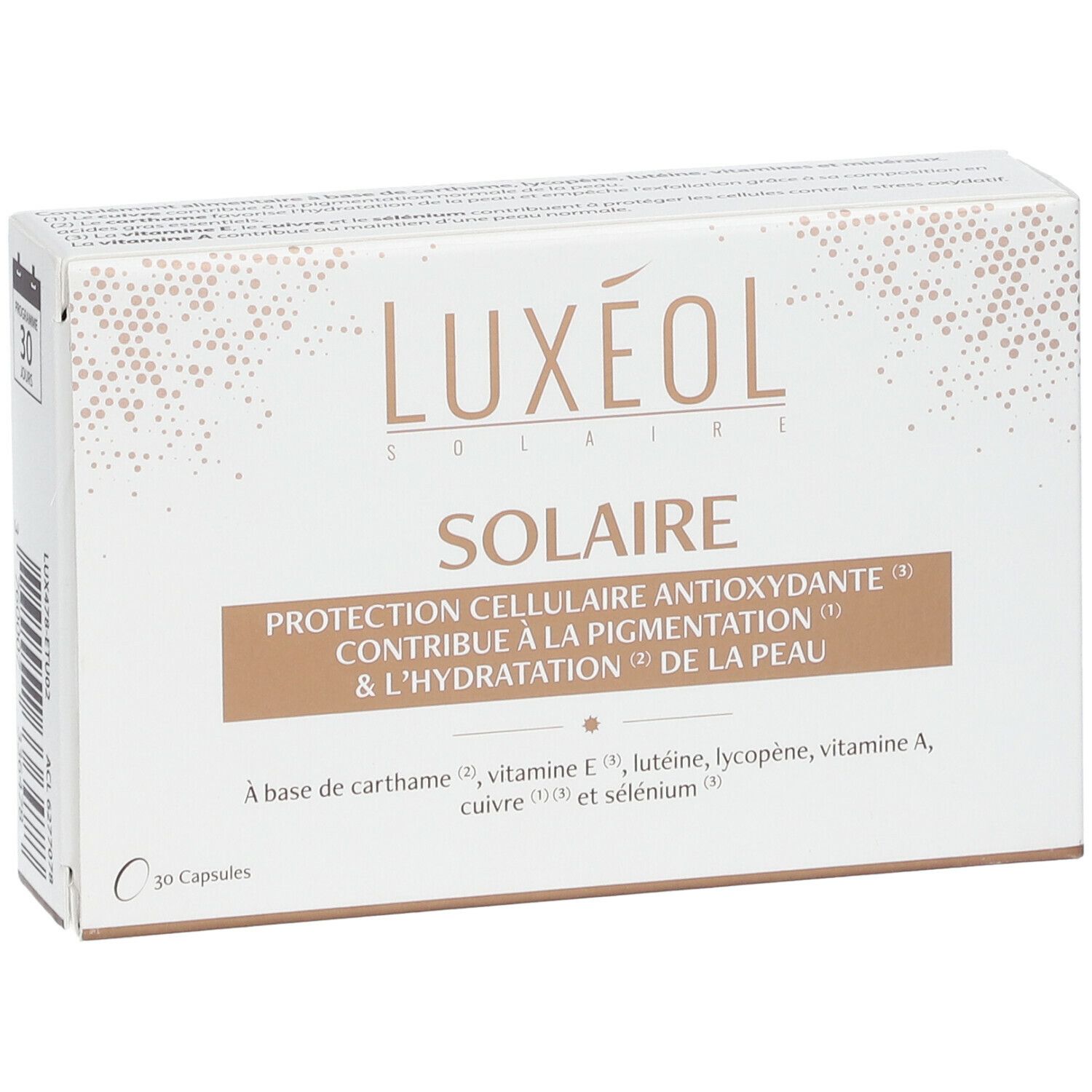 Boîte blanche LUXÉOL Solaire. Bande marron avec texte. 30 capsules. Inscription : protection, pigmentation, hydratation.