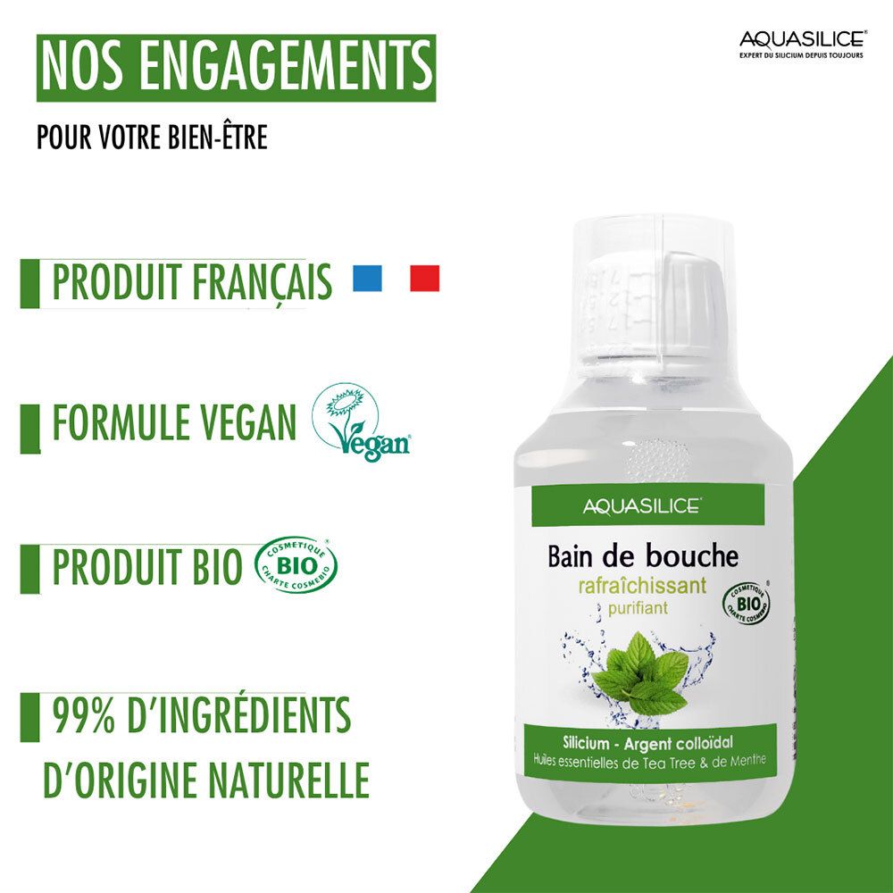 Aquasilice Bain de bouche : Produit français, vegan, bio, 99% d'ingrédients naturels.